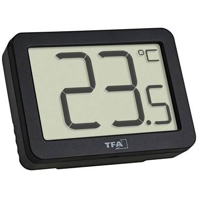 Digitalt termometer visar '23,5 °C'. Svart hölje med stor LCD-skärm.