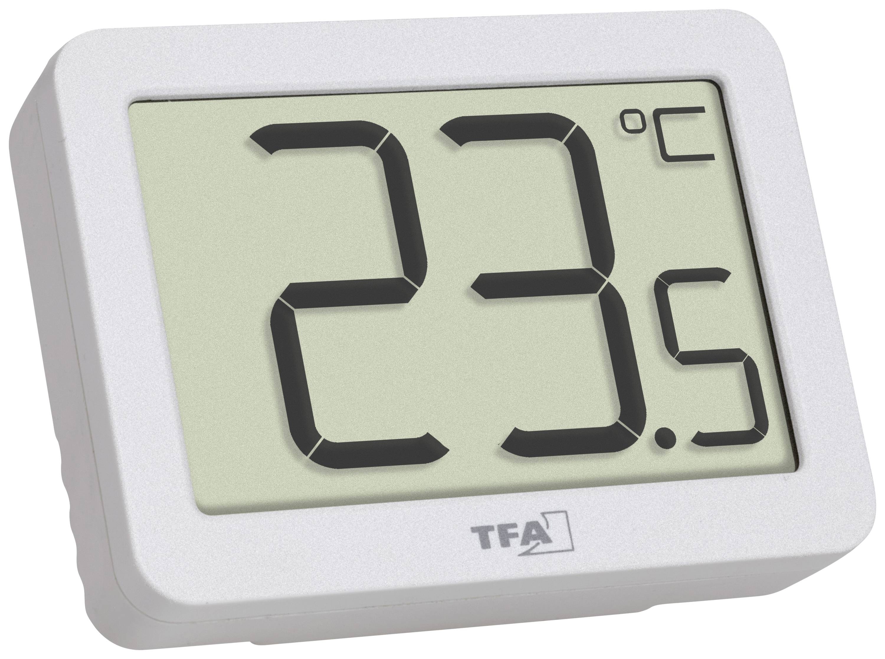 Digitalt termometer, visning: 23,5 grader Celsius. Rektangulärt display i vitt, svarta siffror.