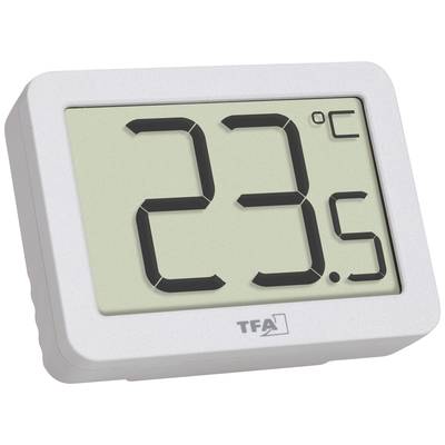 Digitalt termometer, visning: 23,5 grader Celsius. Rektangulärt display i vitt, svarta siffror.