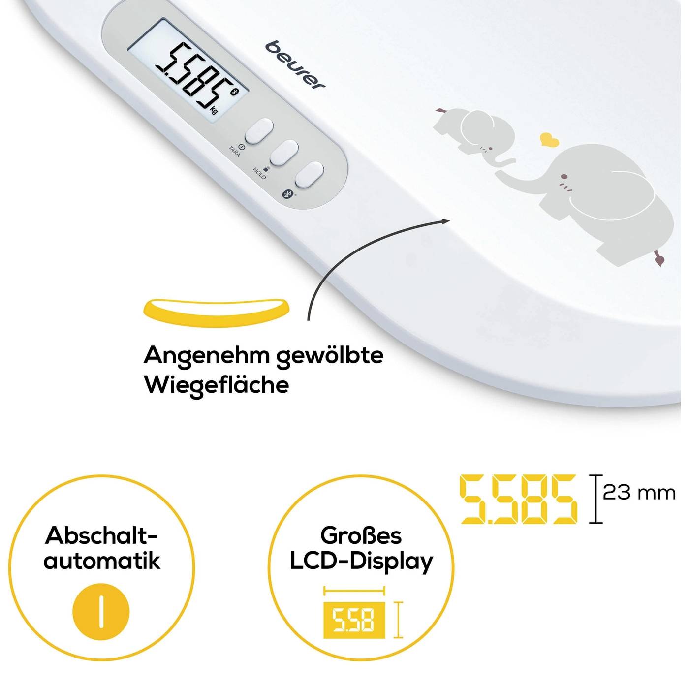 Digital babyvåg med böjd vågplatta, stor LCD-skärm, visning upp till 5585 gram. Elefantmotiv, automatisk avstängning.