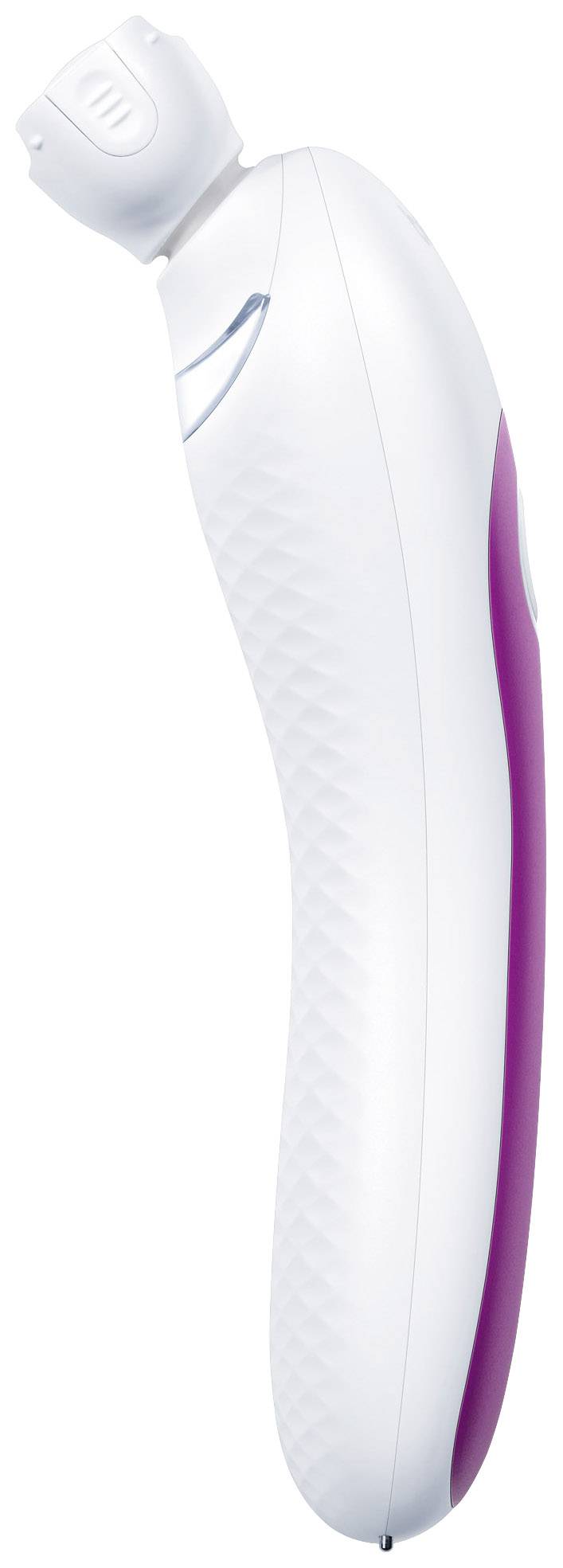Vitt handmassageapparat med violetta accenter och slät, ergonomisk design. Lämplig för muskelavslappning och massage.