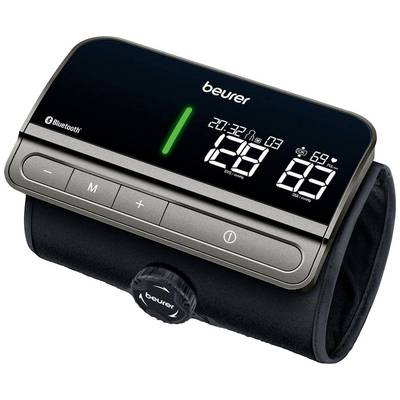 Elektronisk blodtrycksmätare med digital display som visar blodtryck och puls. Svart manschett för mätning på överarmen.