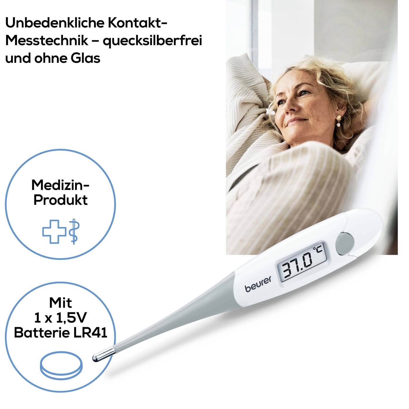 Kvinna ler på soffan; till höger ett digitalt termometer visar 37,0°C; Text: 'Ofarlig kontaktmätning - kvicksilverfri och utan glas'.