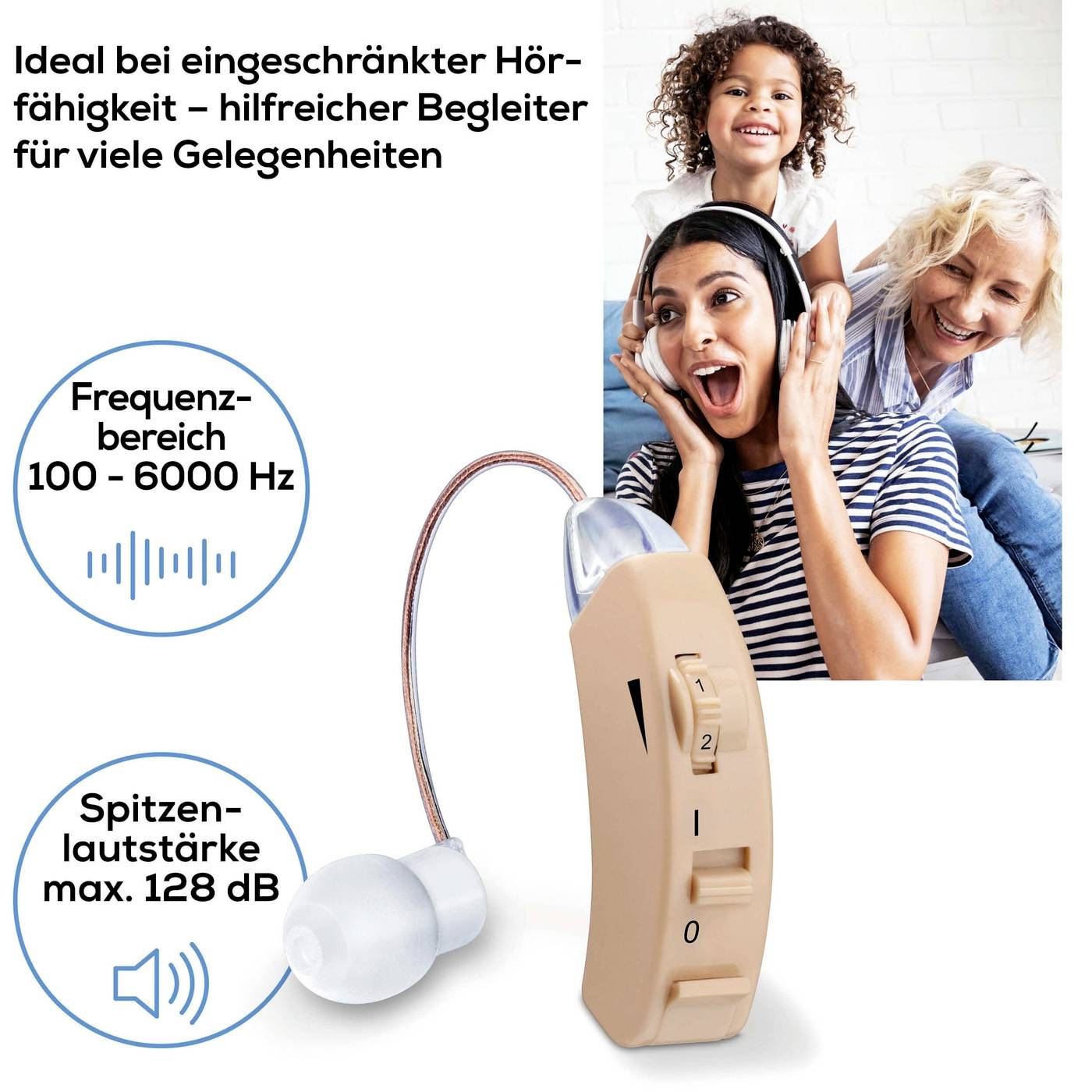 'Hörapparат med frekvensområde 100-6000 Hz och maximal volym 128 dB. Perfekt för olika tillfällen.'