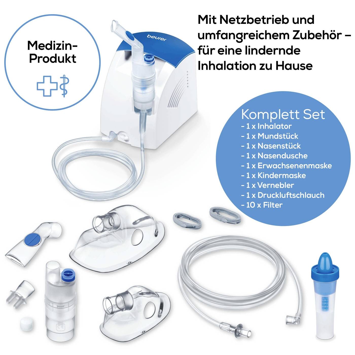Ett inhalationsapparatset med tillbehör: inhalator, munstycke, nässtycke, nebulisator, mask för vuxna och barn, tryckluftslang, filter.