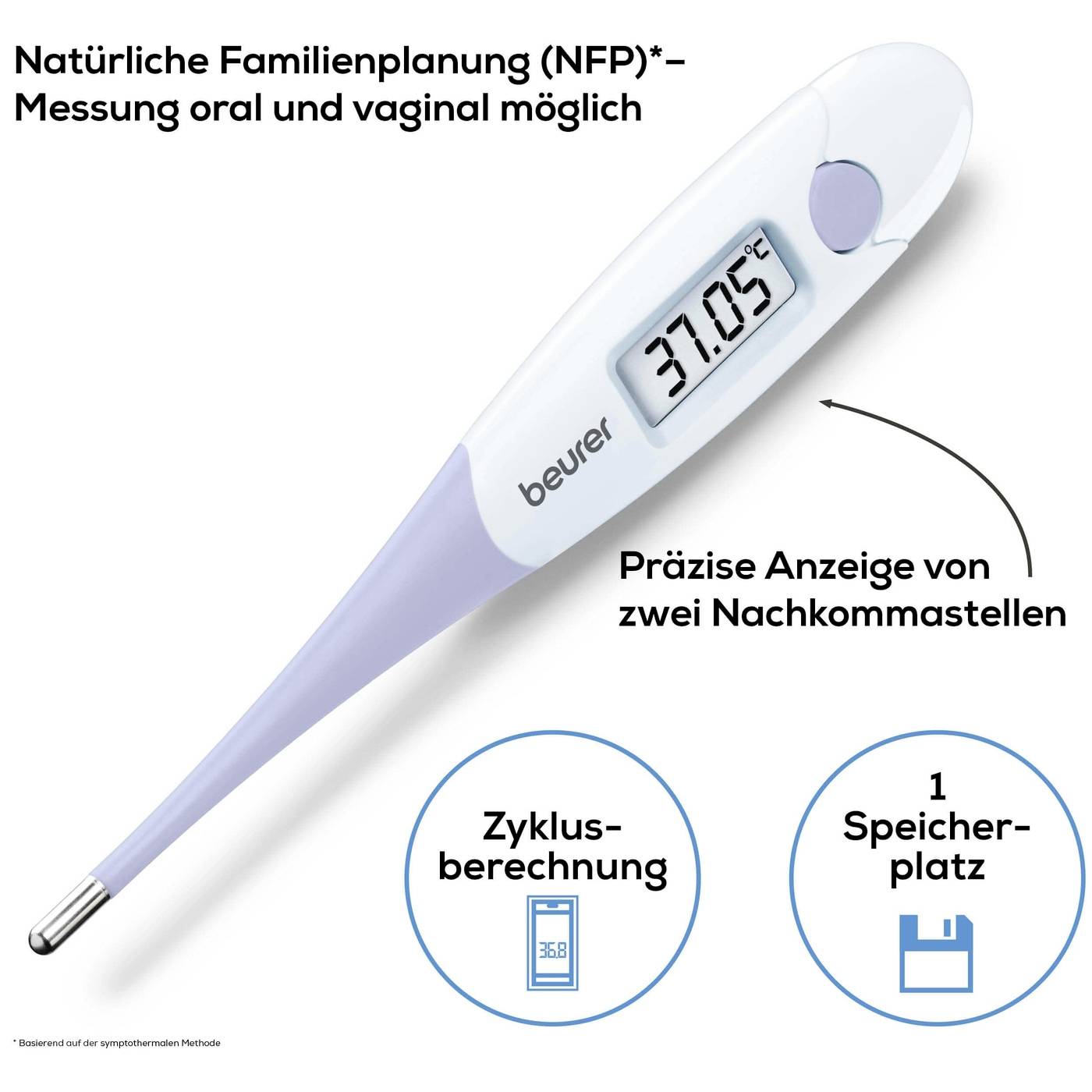 En digital termometer visar en temperatur på 37,05°C. Den marknadsförs för naturlig familjeplanering och erbjuder cykelberäkning.