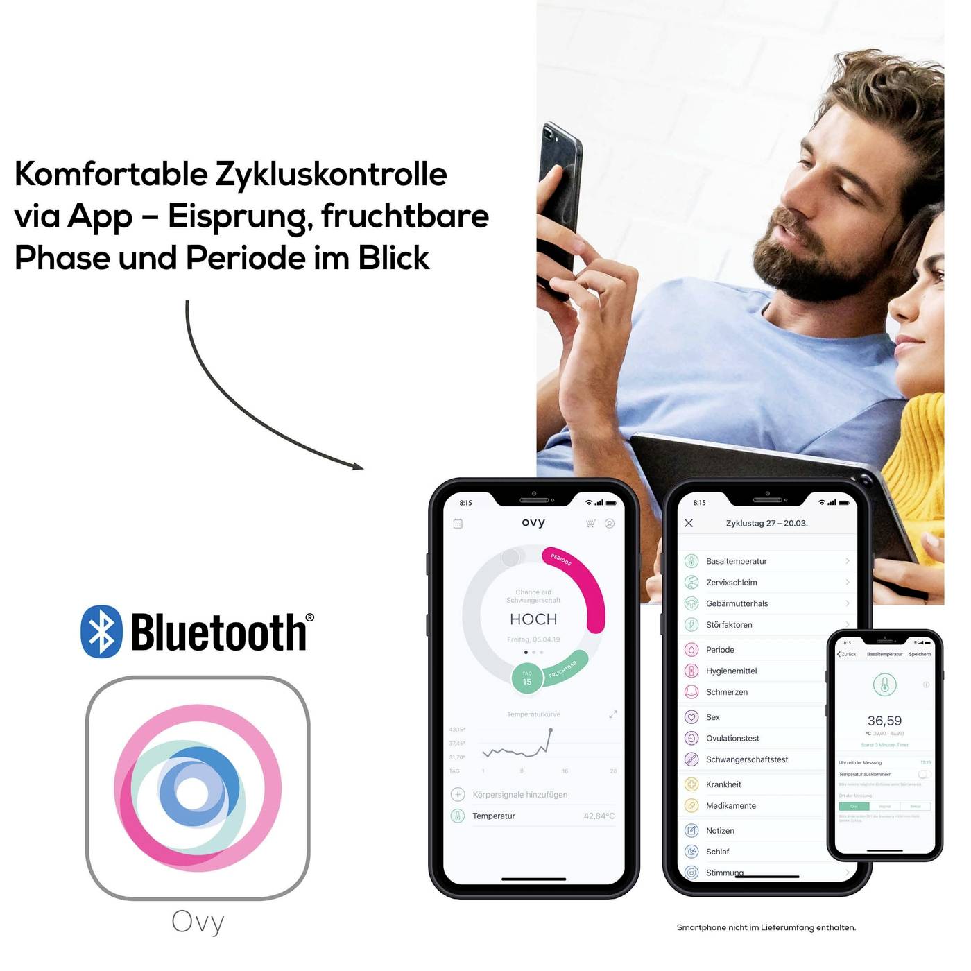 Bekväm menstruationskontroll via app – äggløsning, fertil fas och period i fokus. Bluetooth-logotyp. Ovy-app på smartphones.