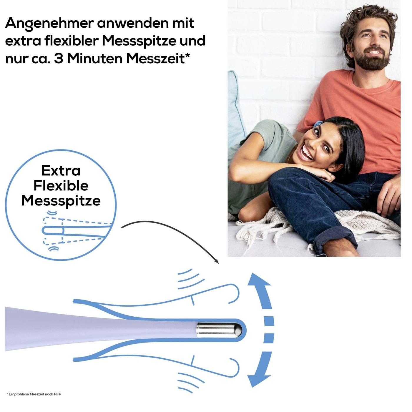 Ett leende par på en soffa. Text: 'Använd bekvämare med extra flexibel mätspets och endast ca 3 minuters mättid.' Bild av den flexibla mätspetsen.