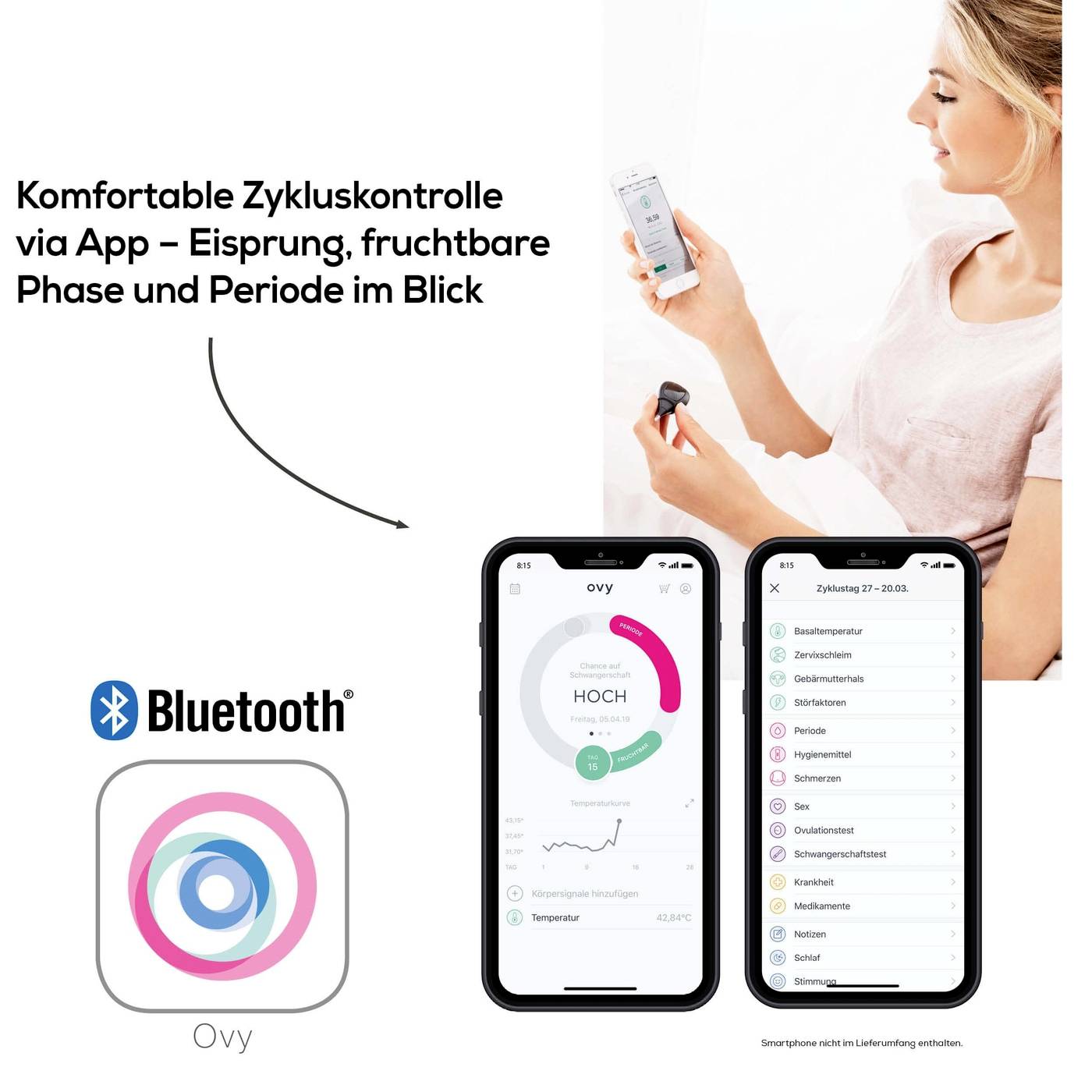 Kvinna med smartphone övervakar menstruationscykel-app. Cykelfas och temperatur visas. Bluetooth-ikon och Ovy-logotyp synliga.