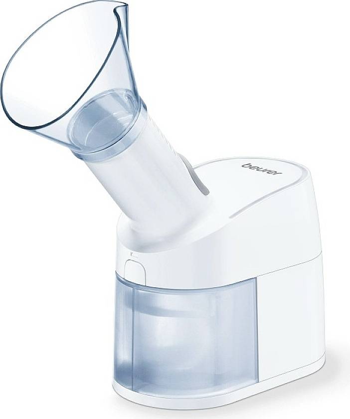 En vit inhalator med blåaktig överdel och transparent läkemedelsbehållare. Perfekt för andningsterapi och behandling av förkylning.