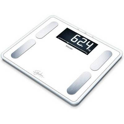 Digital personvåg med vitt hölje och silvriga detaljer visar '62,4 kg' på en blå display.