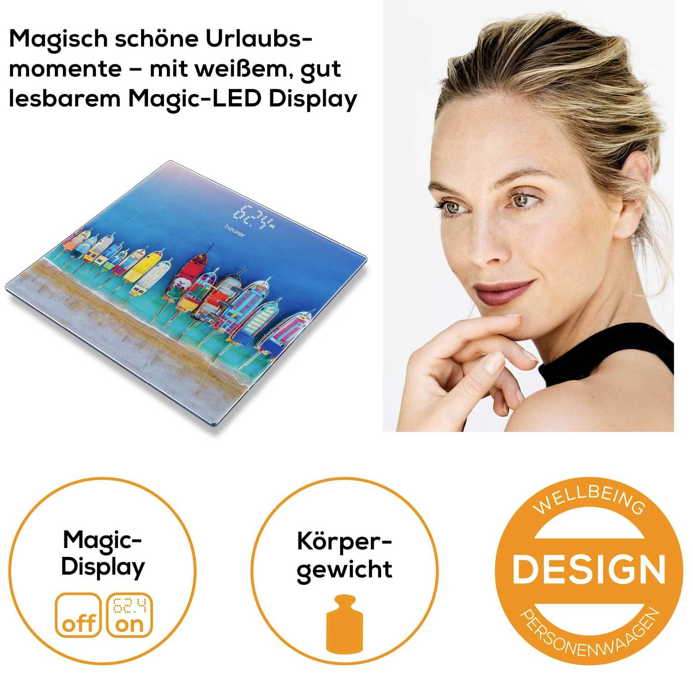 Våg med färgglatt strandmotiv och Magic-LED-display. Text: Magiskt vackra semesterminnen – med vit, lättläst display.