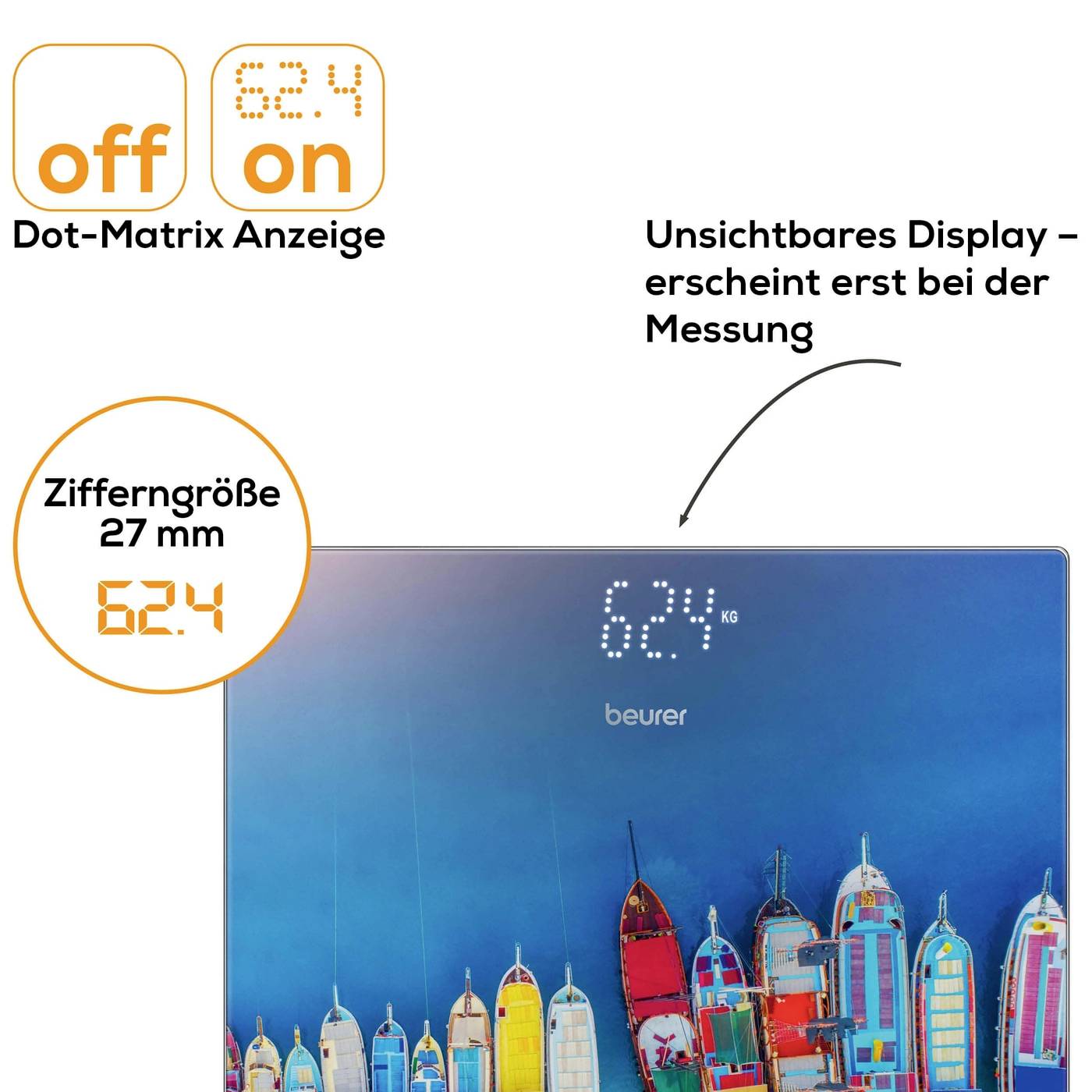 Digital våg med osynlig display som bara visas vid mätning. Stor sifferdisplay med 27 mm storlek.