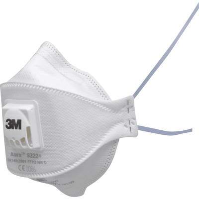 Andningsskyddsmask med 3M-logotyp och ventil, vit färg. Elastiska band. Modellnummer '9322+'.