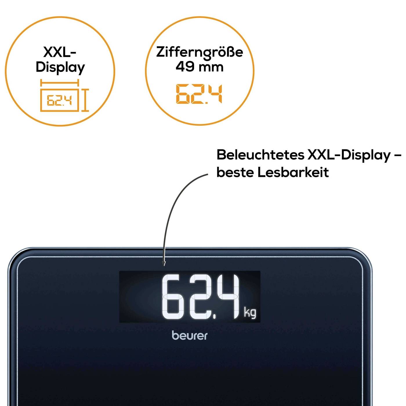 Digital våg med upplyst XXL-display visar 62,4 kg. Sifferstorlek: 49 mm för optimal läsbarhet.
