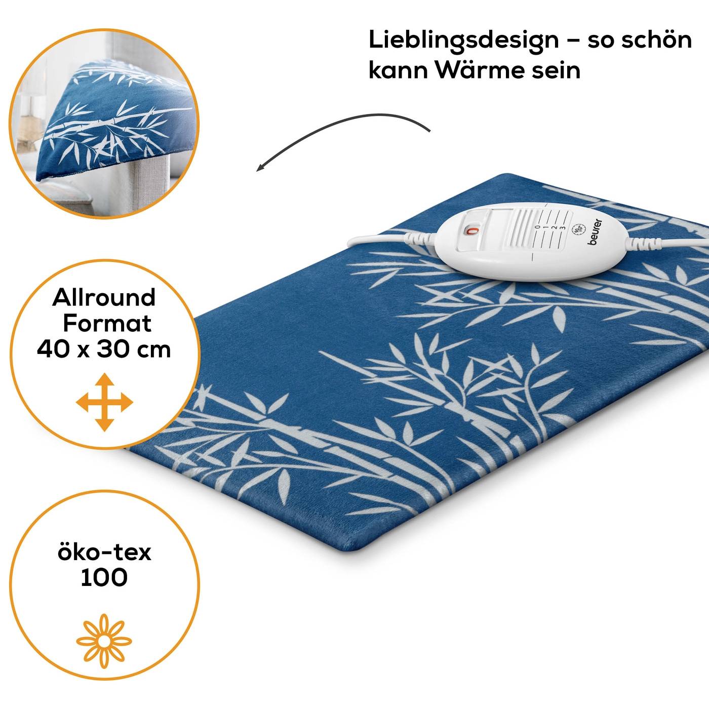 Ett blått värmekudde med bambumönster, mått 40 x 30 cm. Den är Öko-Tex-certifierad och designen kallas för 'favoritdesign'.