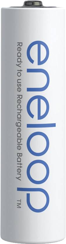 Vit eneloop-AA-batteri med blå text 'Ready to use Rechargeable Battery'.