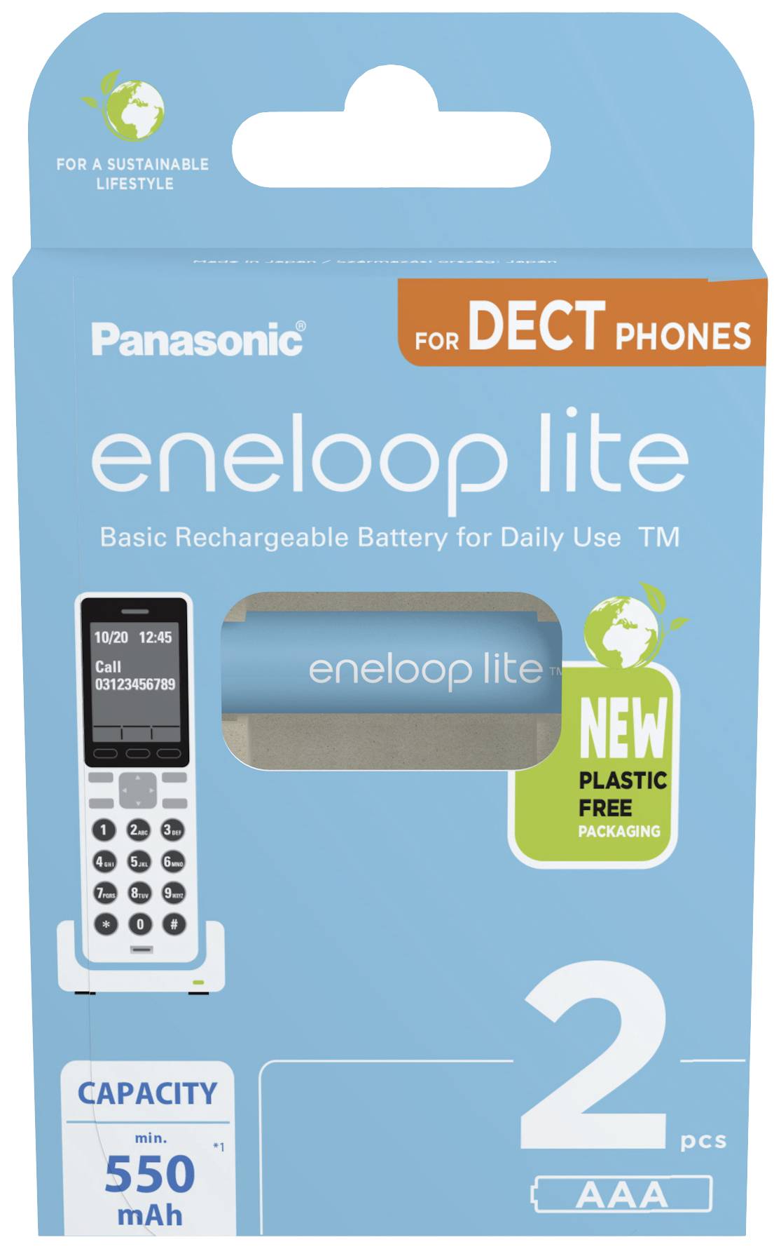 Panasonic eneloop lite laddningsbara AAA-batterier för DECT-telefoner, 550 mAh, i förpackning utan plast.