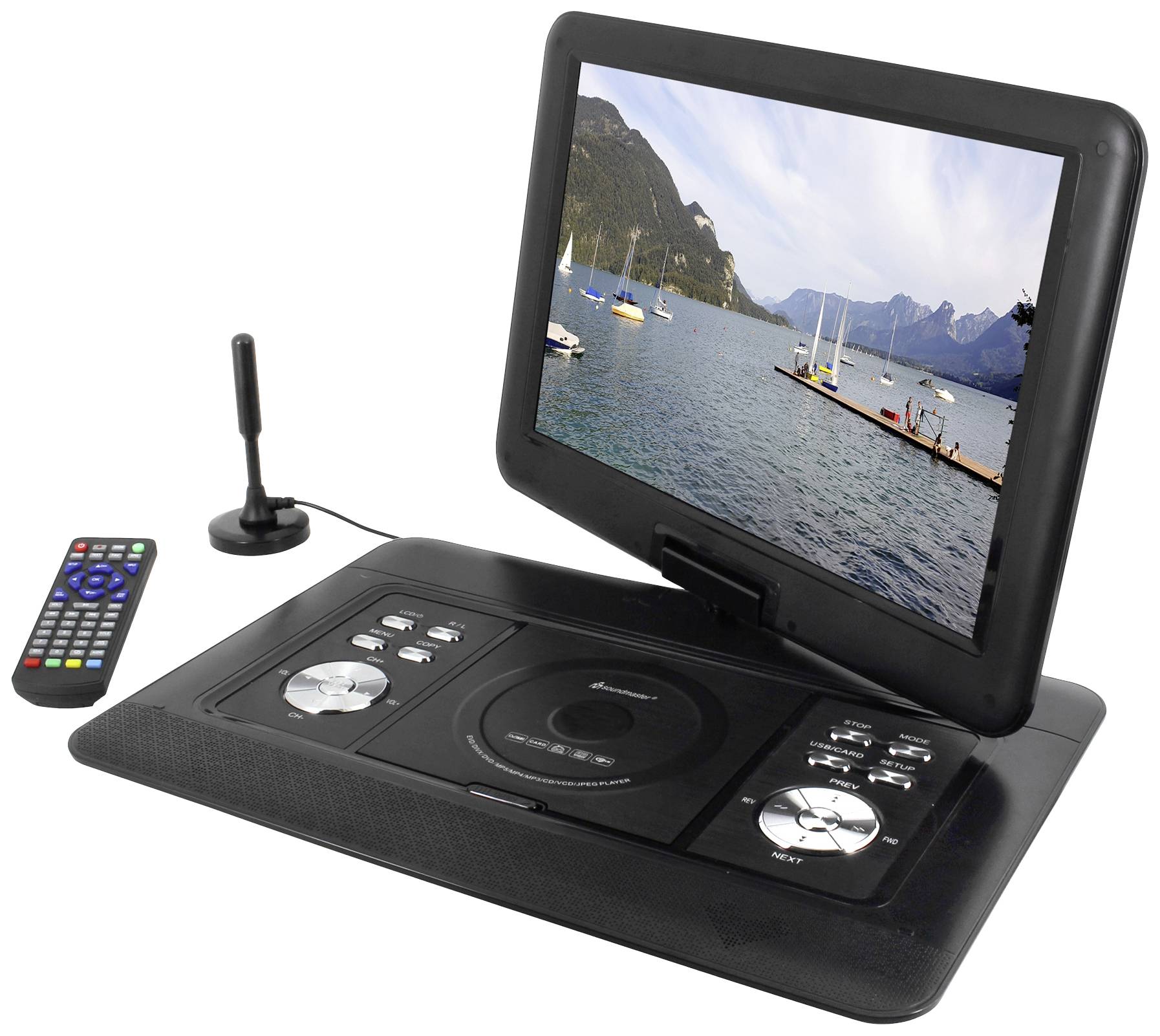 En bärbar DVD-spelare med skärm visar en bild av segelbåtar på en sjö framför ett berglandskap. Bredvid finns en fjärrkontroll och en antenn.