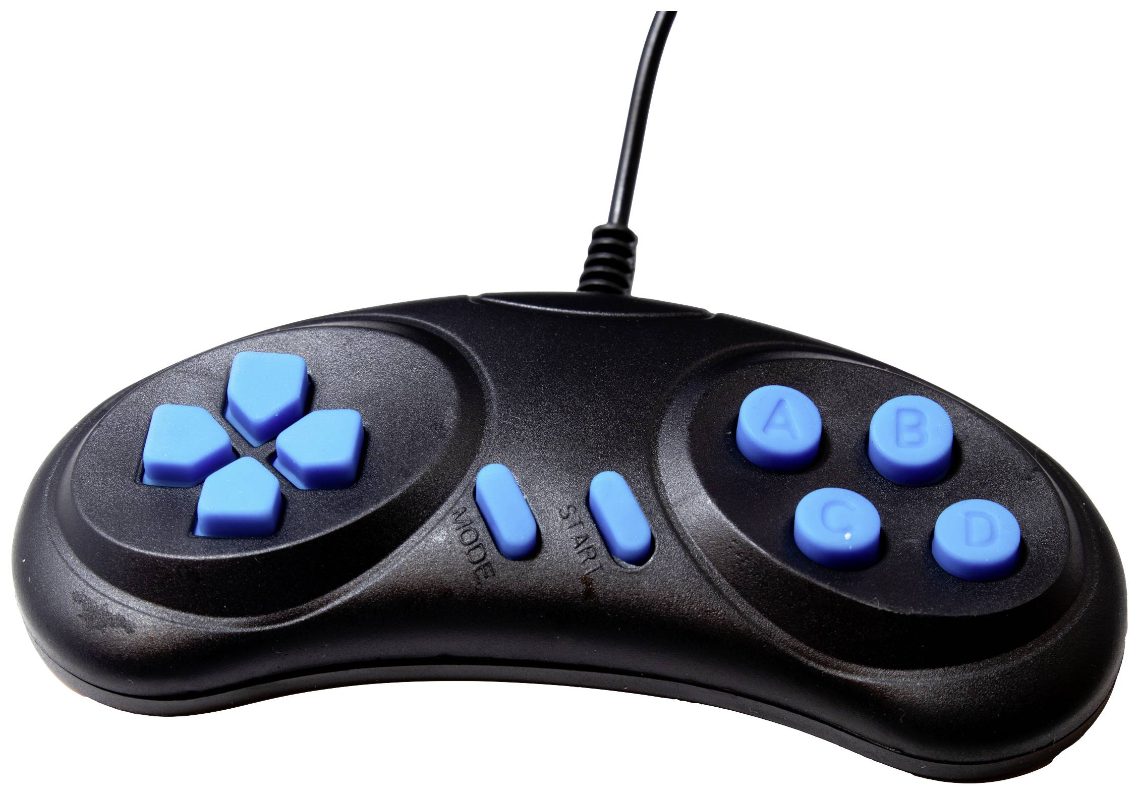 Svart spelcontroller med blå knappar, varav fyra knappar på höger sida märkta med bokstäverna A, B, C och D.