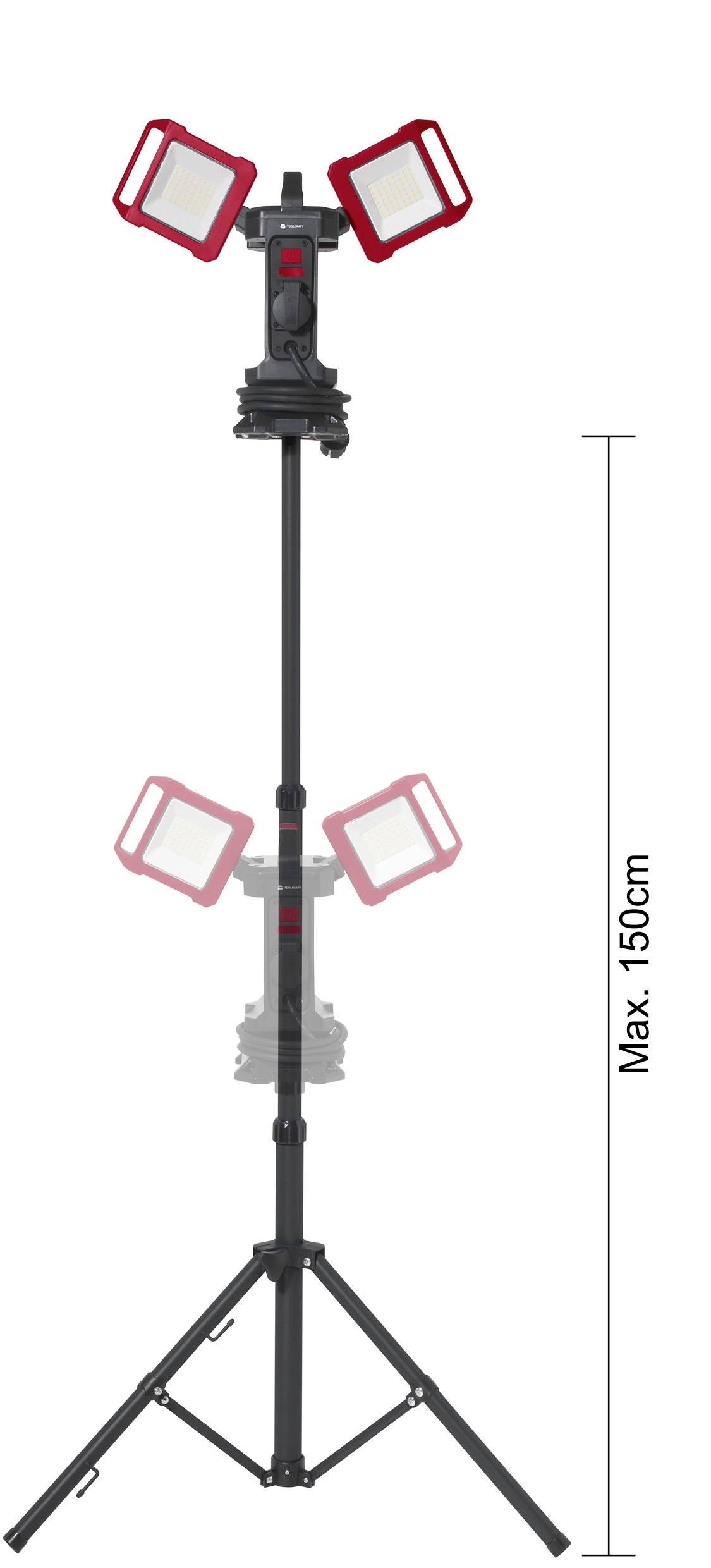LED-strålkastare på justerbart stativ, max 150 cm höjd, med två svängbara lampor.
