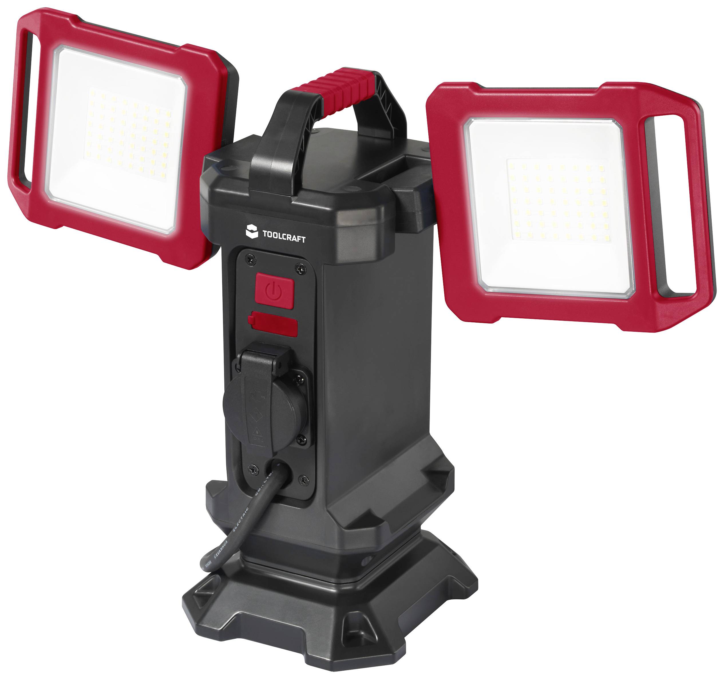 Bärbar LED-arbetslampa med två justerbara lysytor och handtag, perfekt för flexibel belysning i verkstäder.