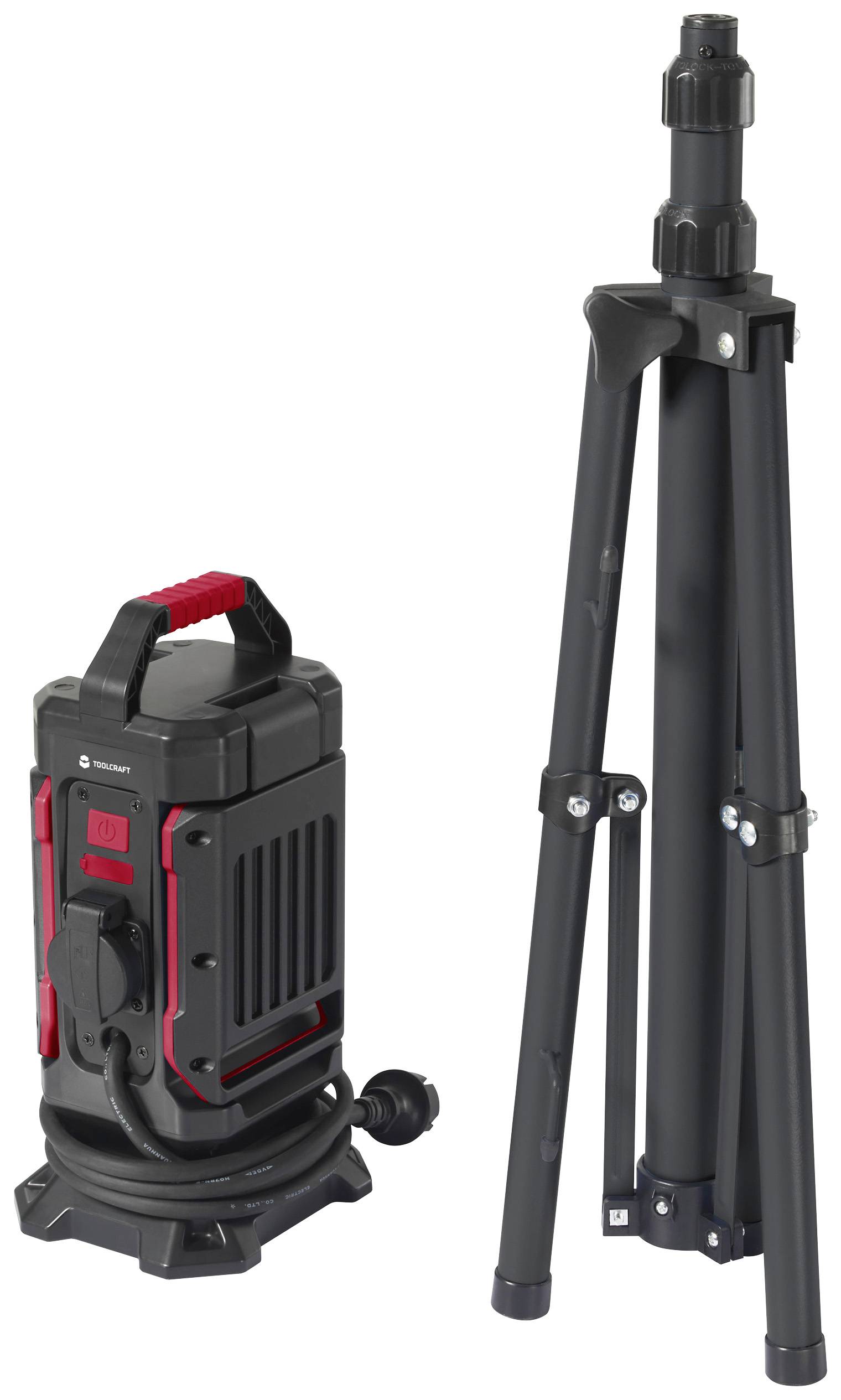 En svart, ihopfälld stativ med en svart och röd, bärbar batteridrivet lampa bredvid.