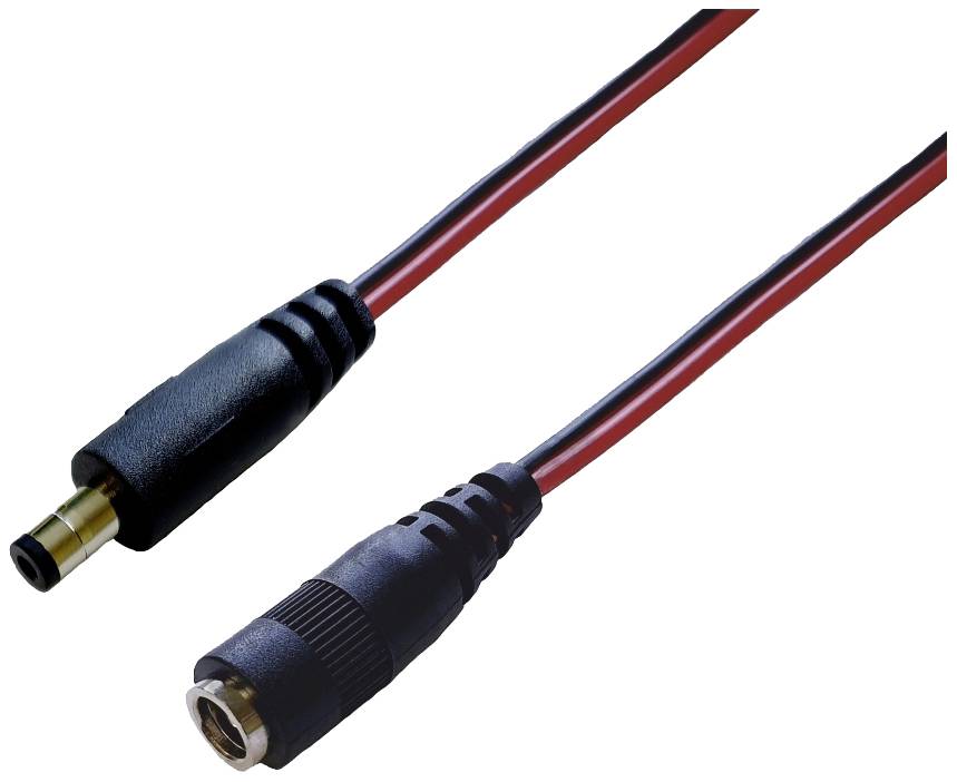Ett svart audiokabel med hane- och honkontakt, röd-svart isolerat, för att ansluta audioenheter.