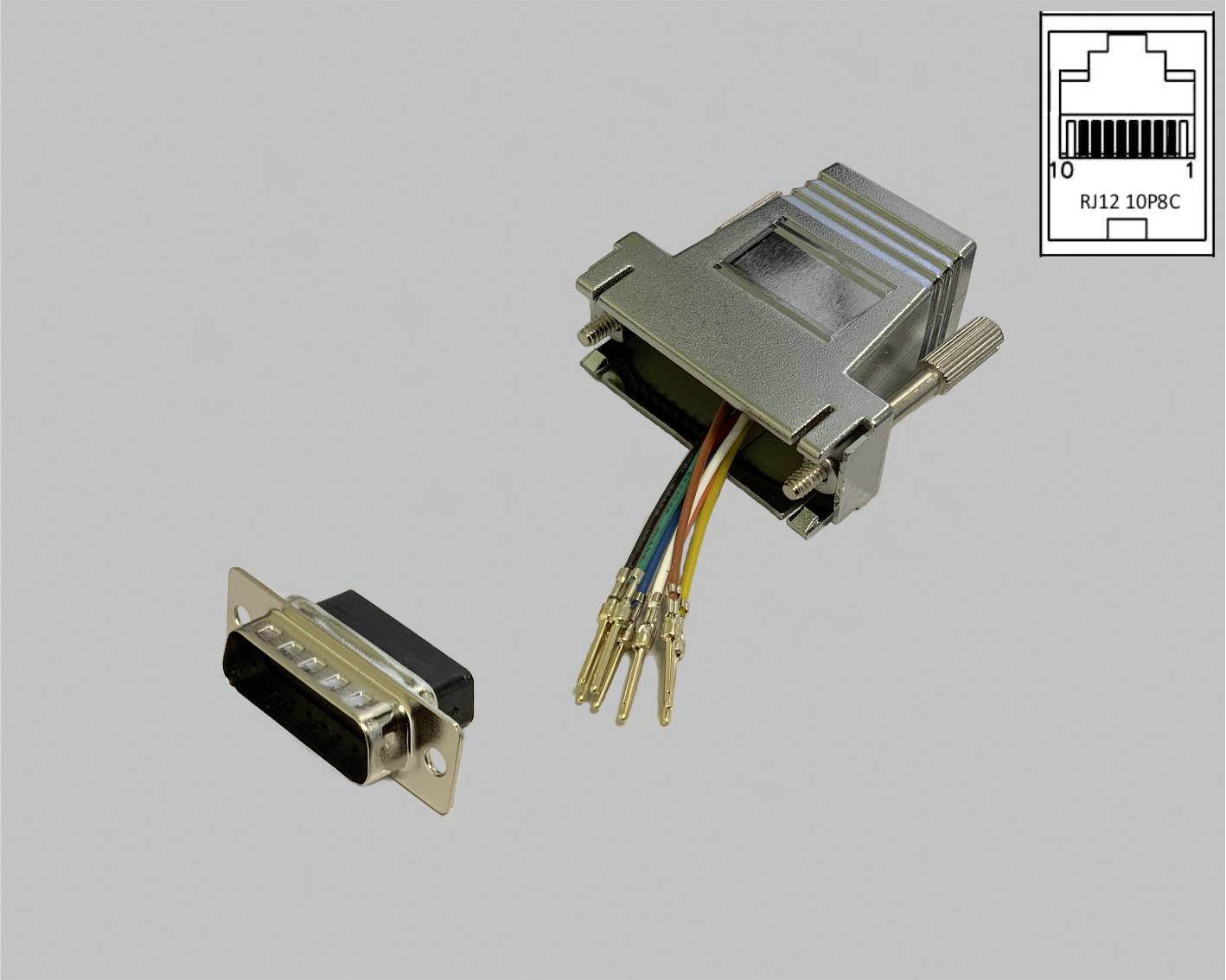 En öppen VGA-kontakt visar färgglada kablar. Bredvid finns en matchande kontakt. Uppe till höger: RJ12 10P8C-port-avbildning.