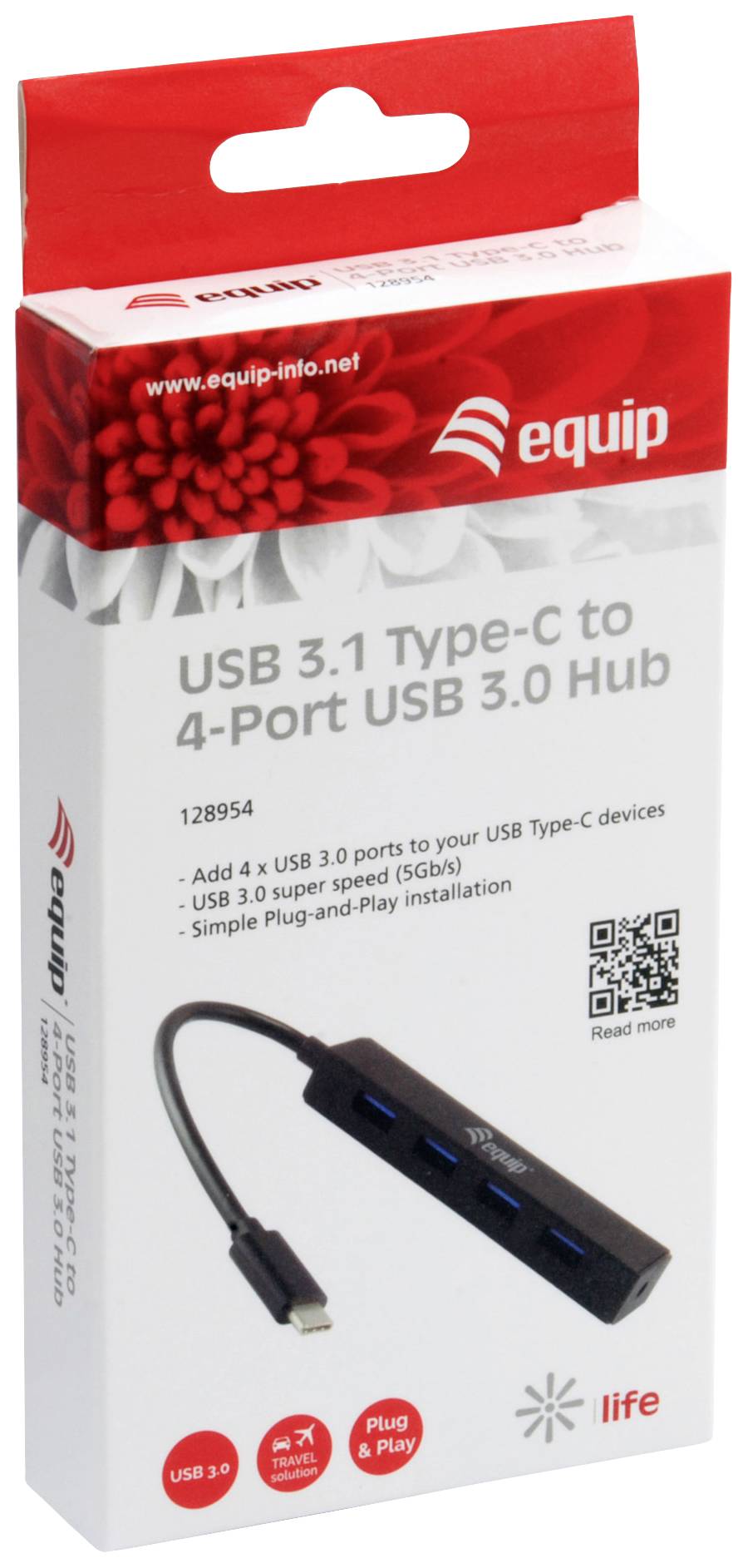 USB 3.1 Type-C till 4-ports USB 3.0 Hub förpackning med rött logotyp och bild av den svarta hubben som erbjuder fyra USB-anslutningar.