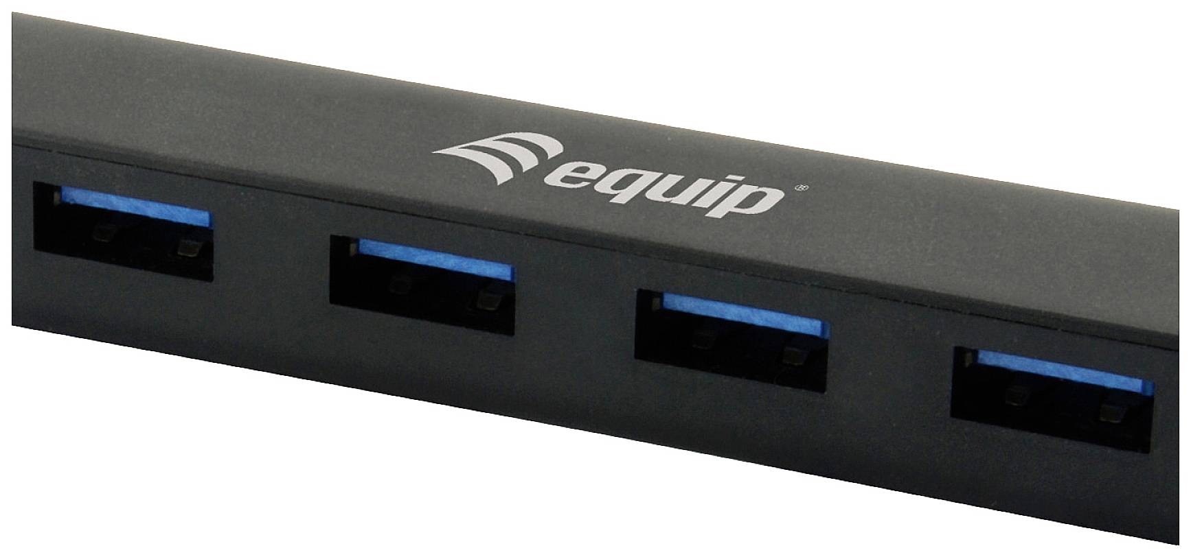 En svart USB-hubb med fyra blå USB-portar på framsidan; logotypen 'equip' syns på enheten.