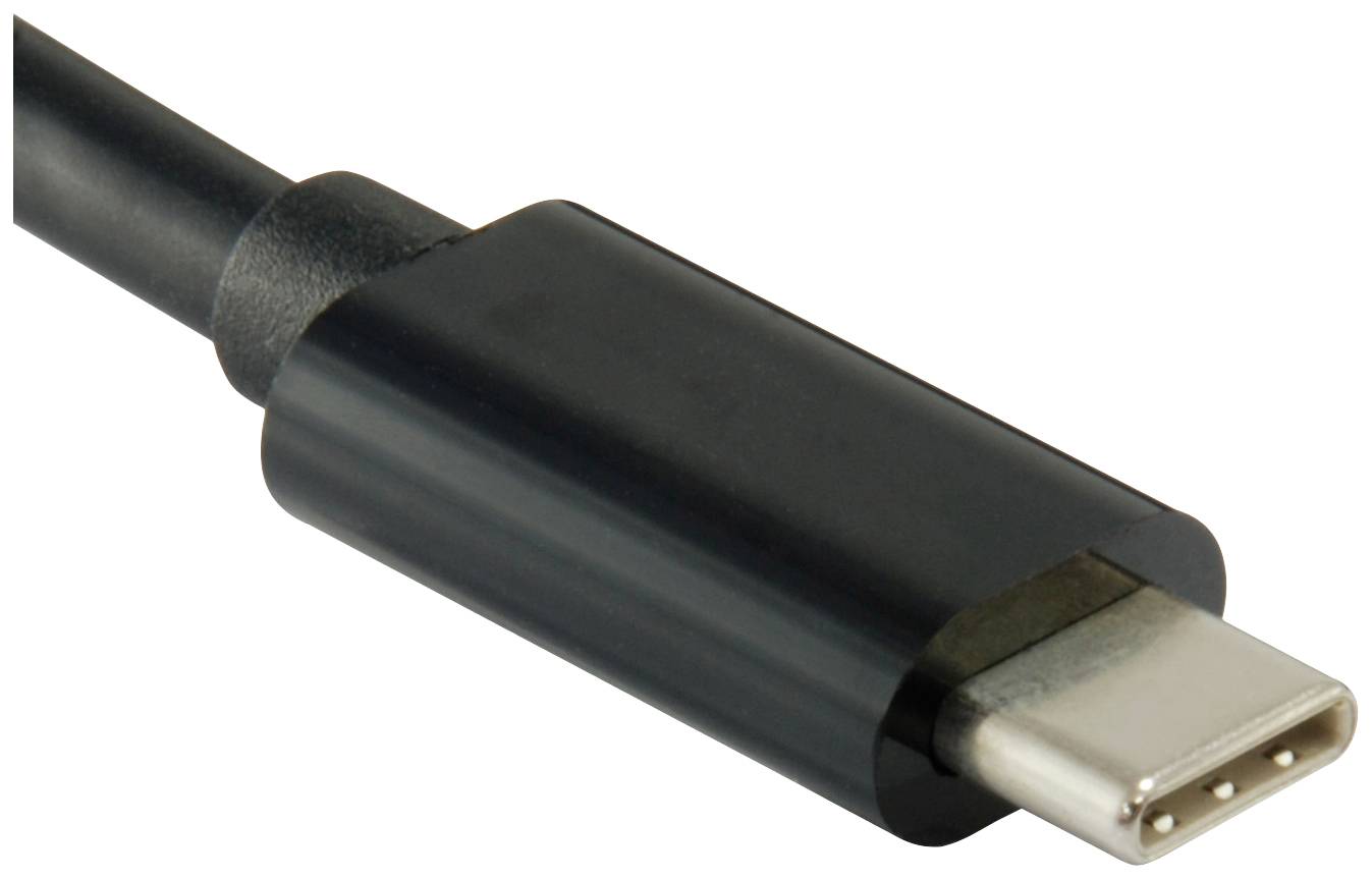 Närbild av en svart USB-C-kabel med silveranslutning, lämplig för olika elektroniska enheter.