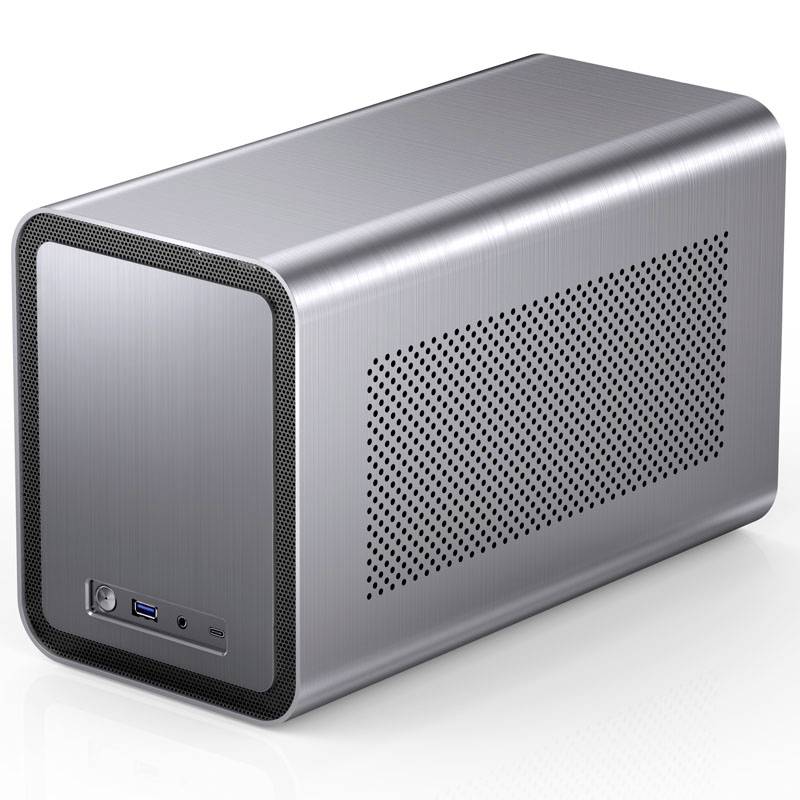 Metalliskt externt hölje för hårddisk med ventilationsöppningar. Framsidan visar anslutningar och en nätströmbrytare.