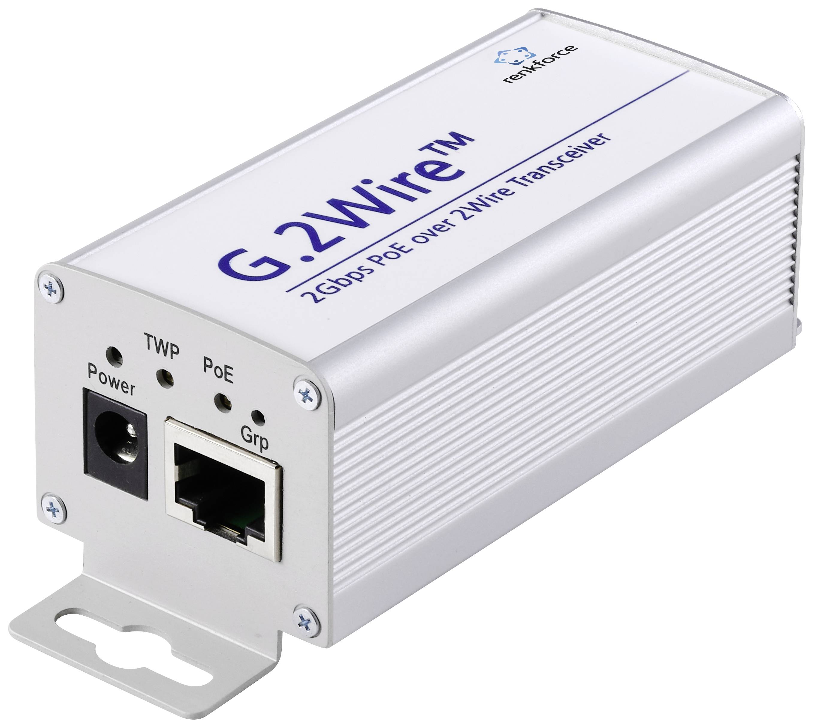 G2Wire 2Gbps PoE via 2Wire-transceiver, rektangulärt, metalliskt enhetsutseende. Anslutningar för ström och nätverk synliga.