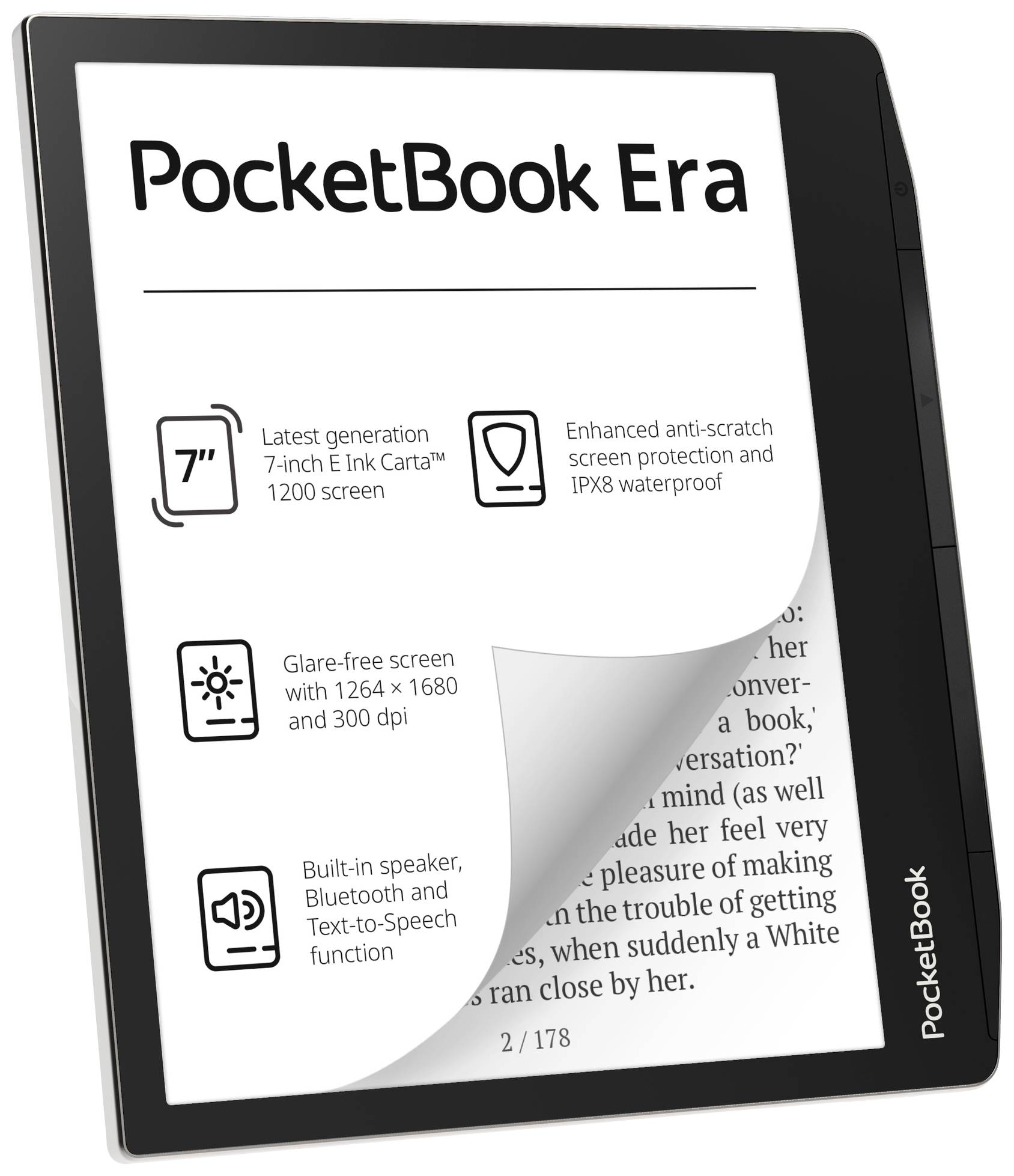 PocketBook E-läsare, visar specifikationer: 7-tums E-Ink Carta-skärm, bländfri display, högtalare, Bluetooth, IPX8 vattentät.