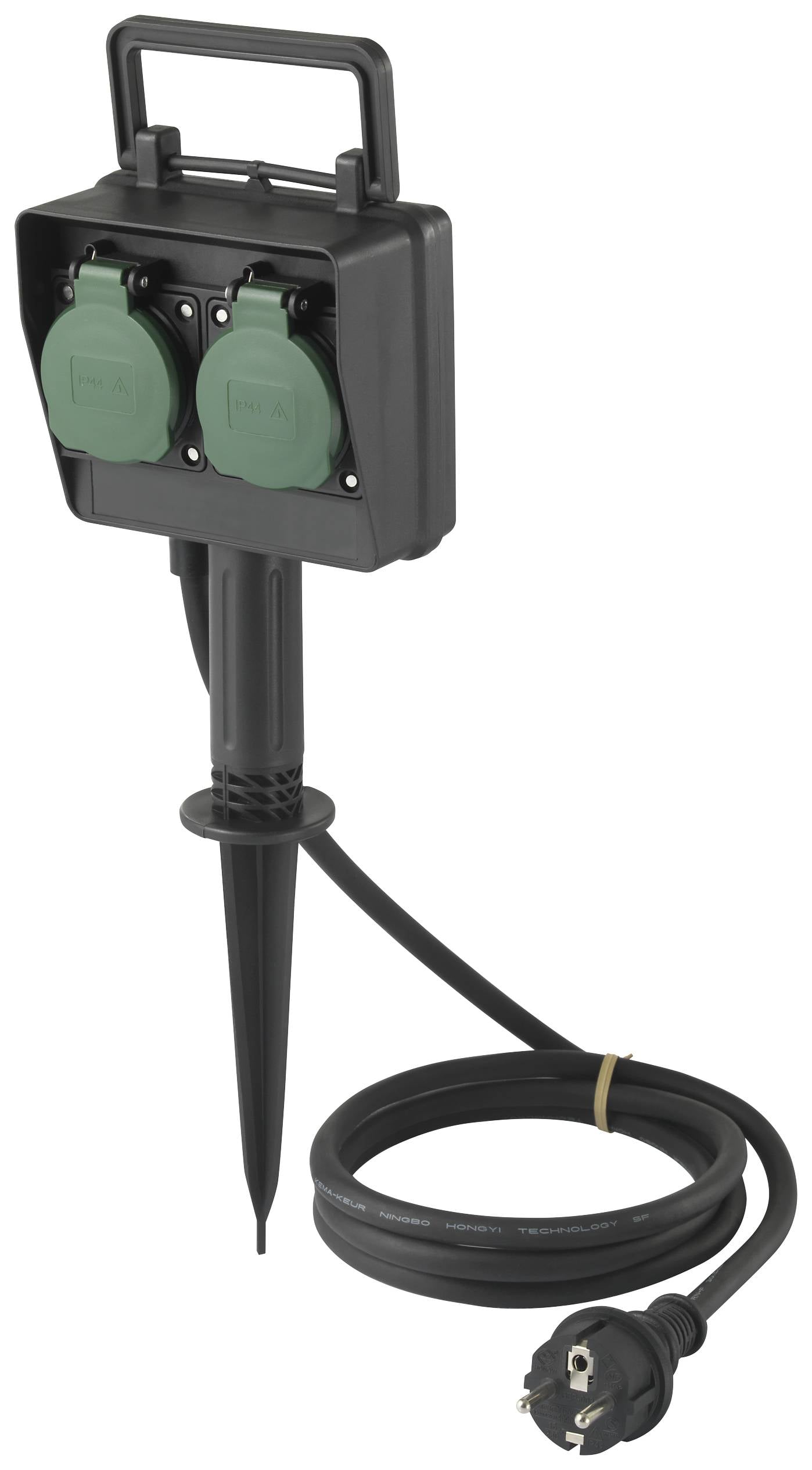 En svart trädgårdsuttag på en markspjut, med två gröna uttag och en lång kabel med en Schuko-kontakt.