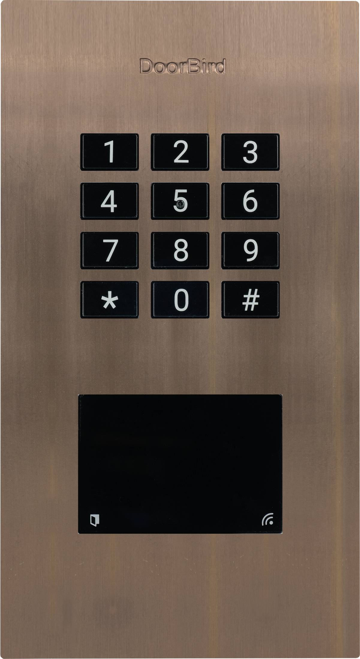 En dörrkommunikationsenhet med ett tangentbord från 0 till 9, stjärna och fyrkant. Under detta en skärm för video eller information.