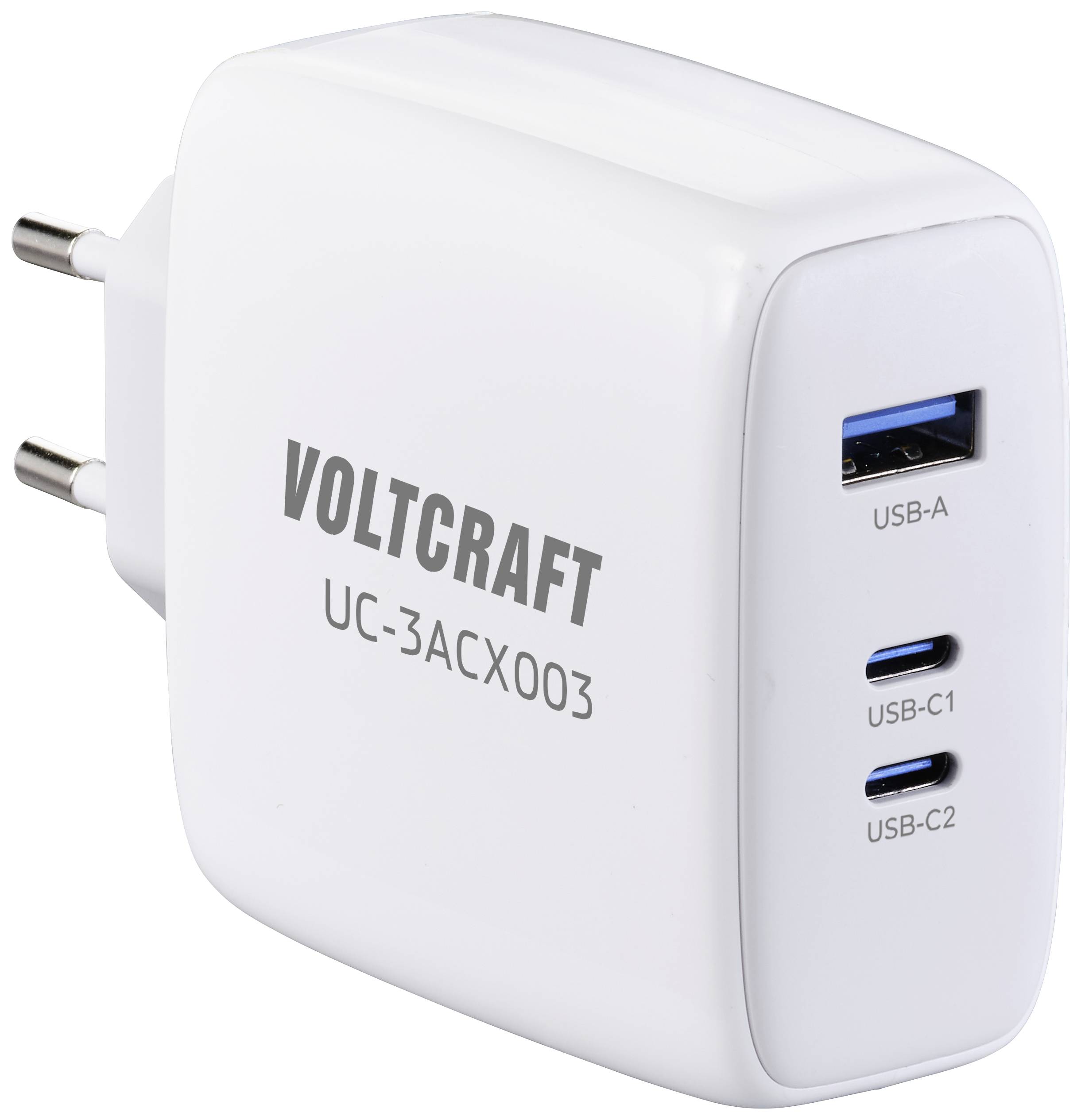 Vitt laddare med flera USB-portar: en USB-A och två USB-C-portar, märkt 'VOLTCRAFT UC-3ACX003'.