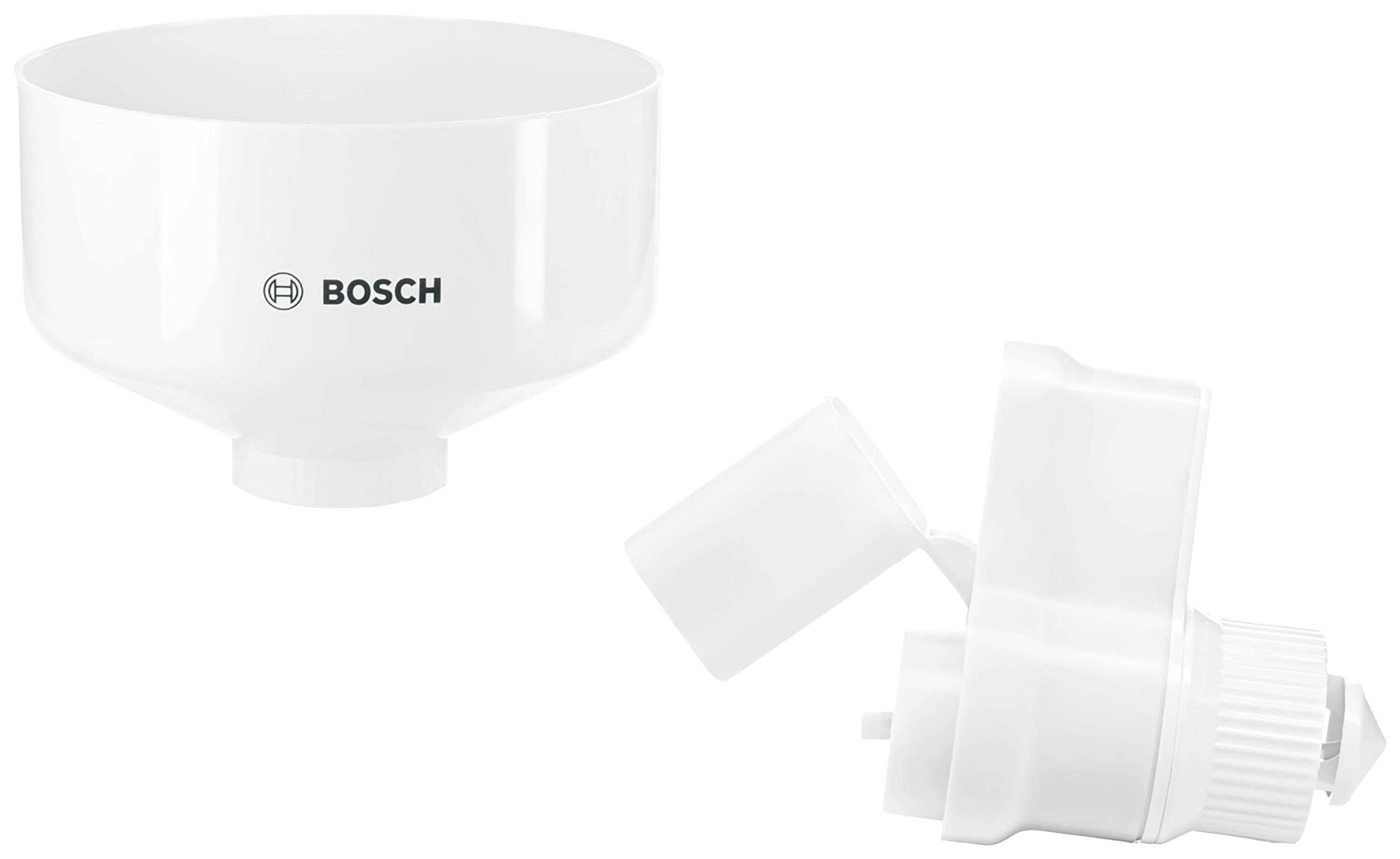 Vitt Bosch-tillbehör, bestående av en stor skål och en trattinsats, sannolikt för köksapparater.