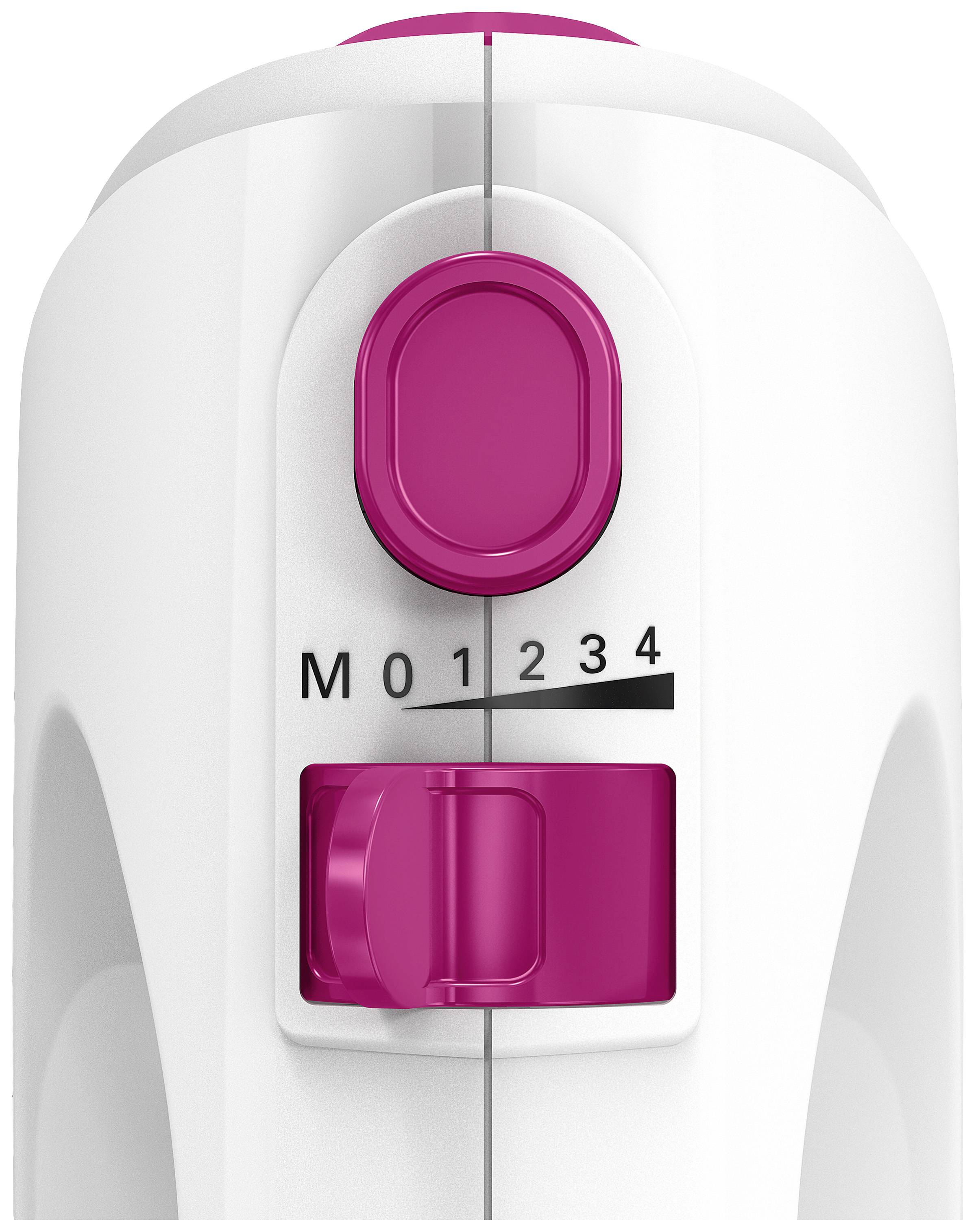 Närbild av en vit enhet med rosa knappar. Den visar en skala från M till 4 för justering, sannolikt för hastighetskontroll.