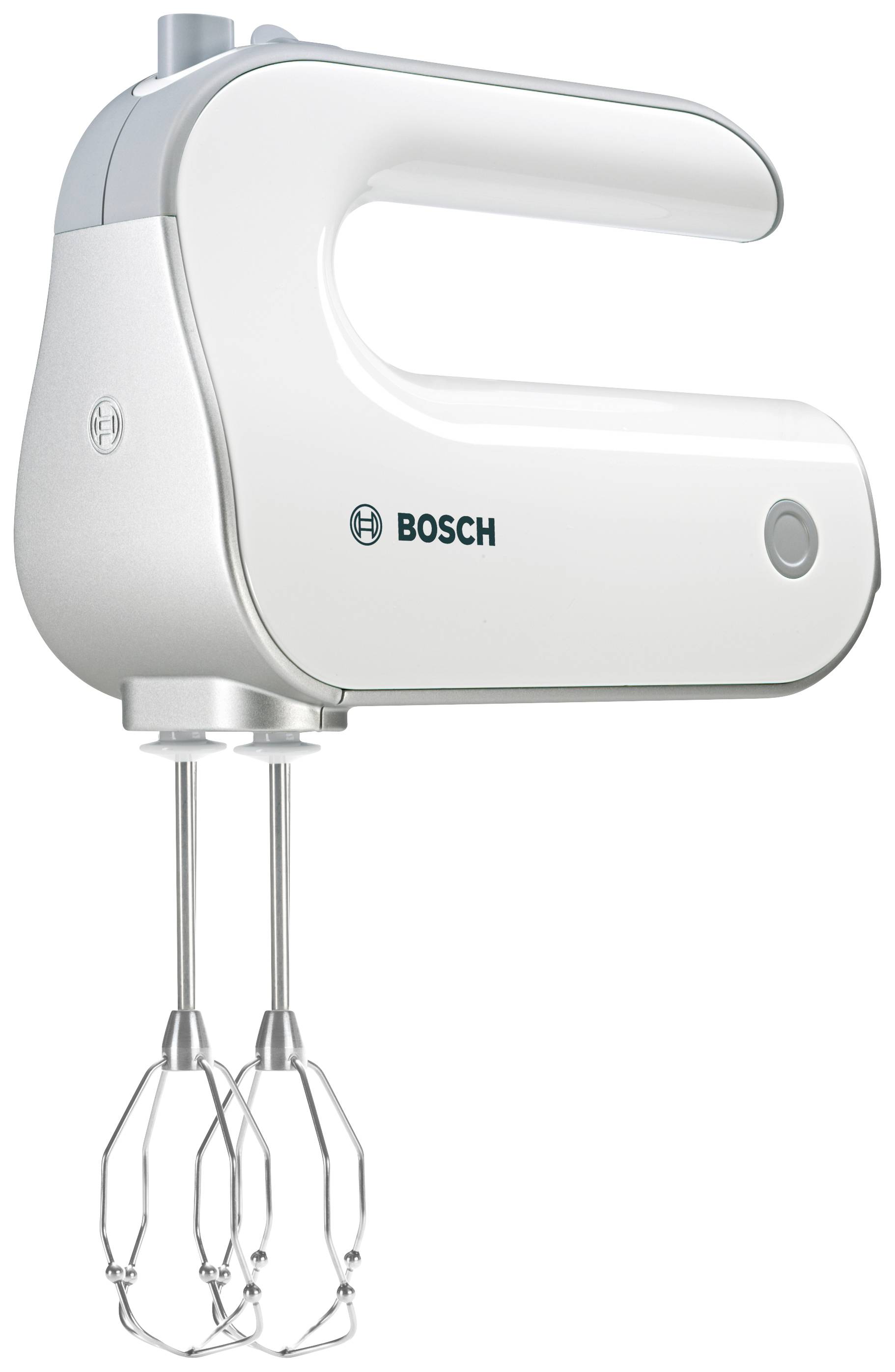 Vit handmixer med två vispar från Bosch, sedd från sidan.