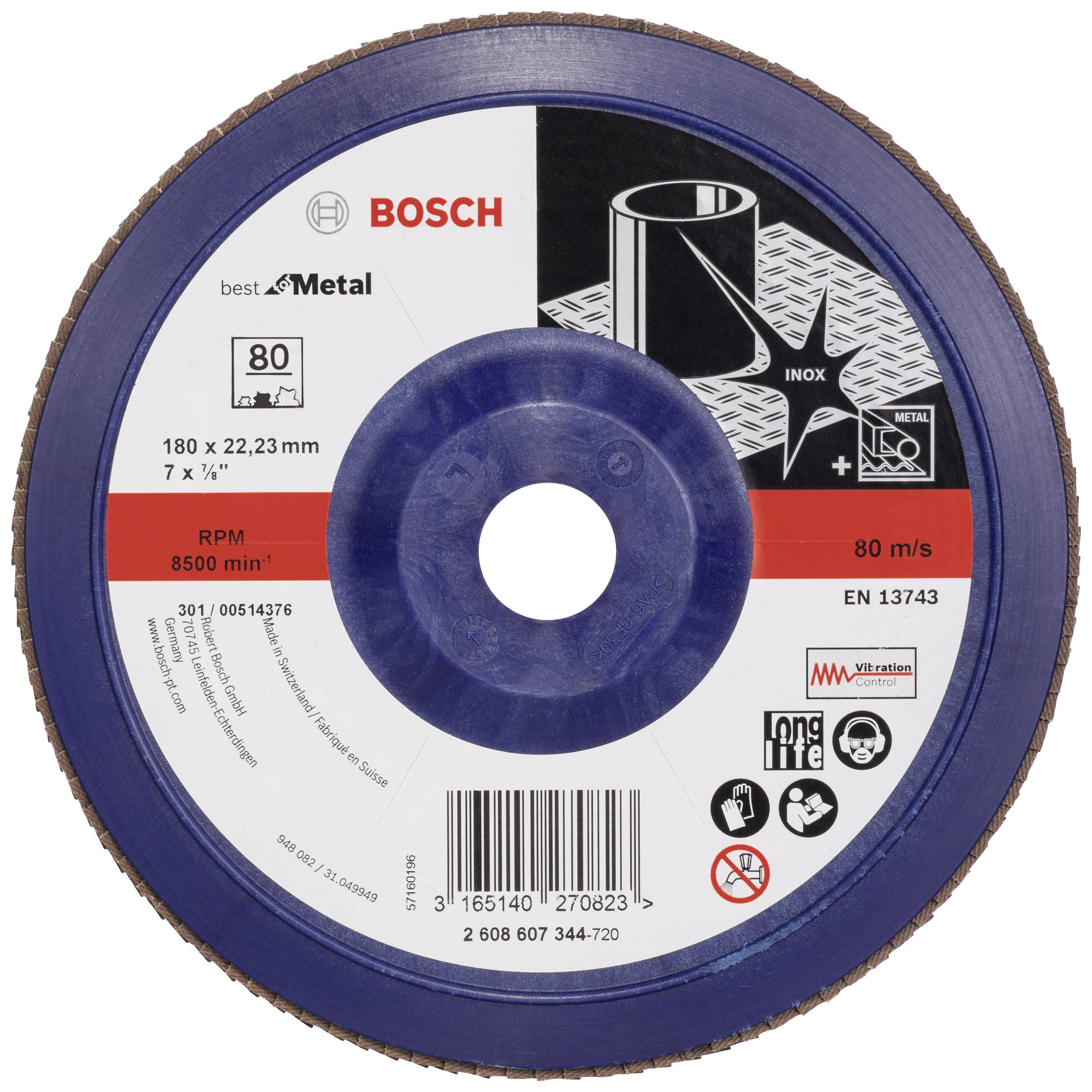 Slipskiva från Bosch för metall, diameter 180 mm, maximal varvtal 8500 varv/min, med CE- och säkerhetscertifieringar.