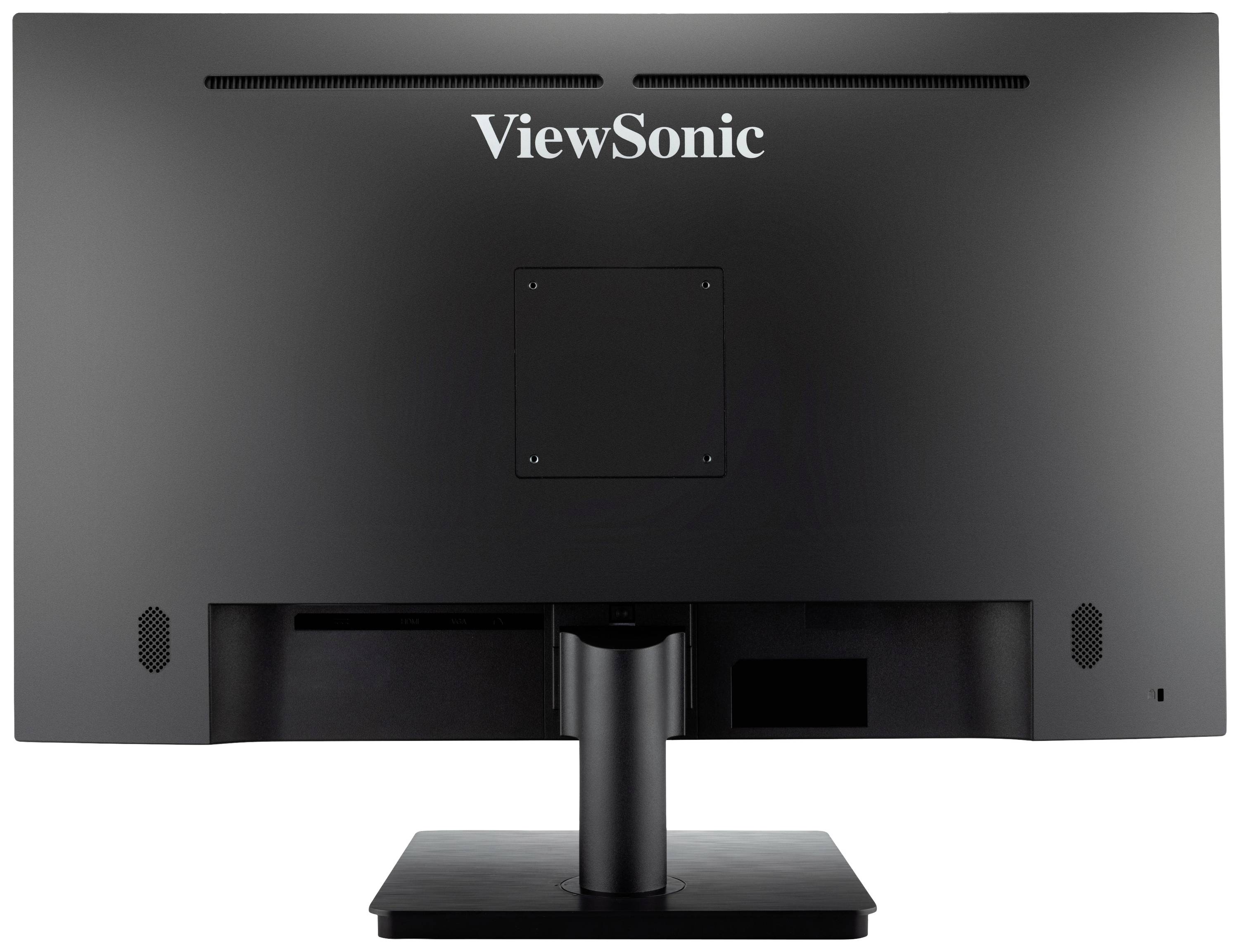 En svart skärm sedd bakifrån. Överst står 'ViewSonic'. Designen är enkel och modern.