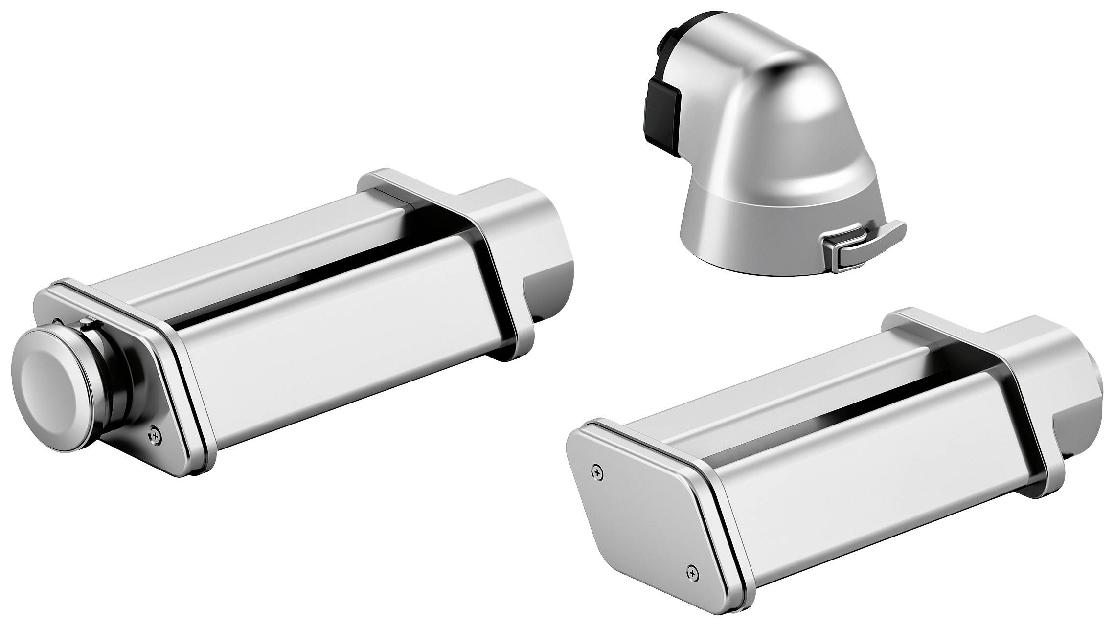 Två silverfärgade dörrås och ett lock sammanlänkat genom ett svart element, illustrerat på en vit bakgrund.