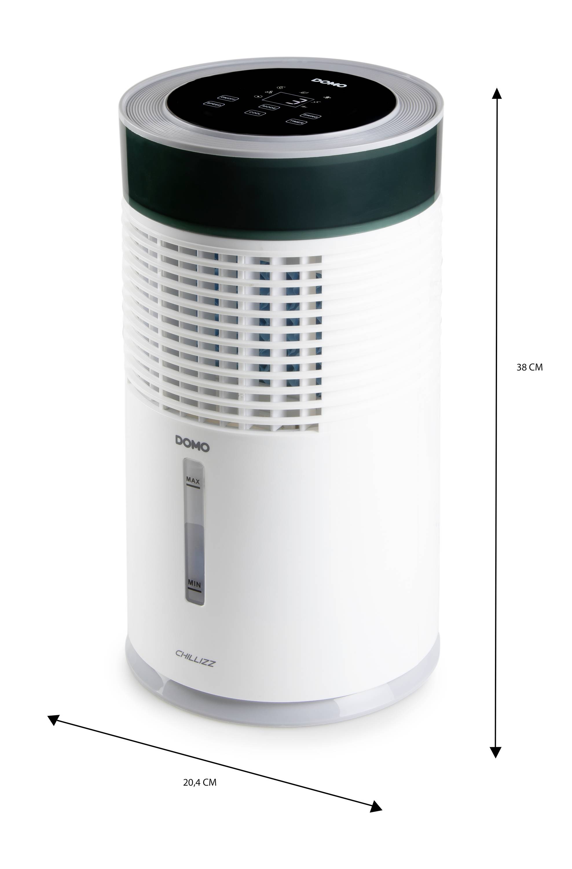 Liten, rund avfuktare med digitalt display och luftcirkulationsöppningar. Mått: 38 cm hög, 20,4 cm i diameter.