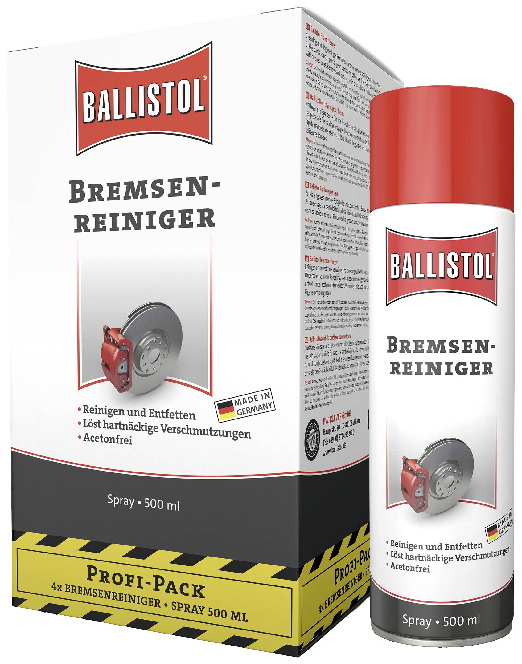 Förpackning för en sprejburk märkt 'Ballistol Bromrengöring'. Innehåller 4 burkar à 500 ml. Rengöring och avfettning av bromsar.
