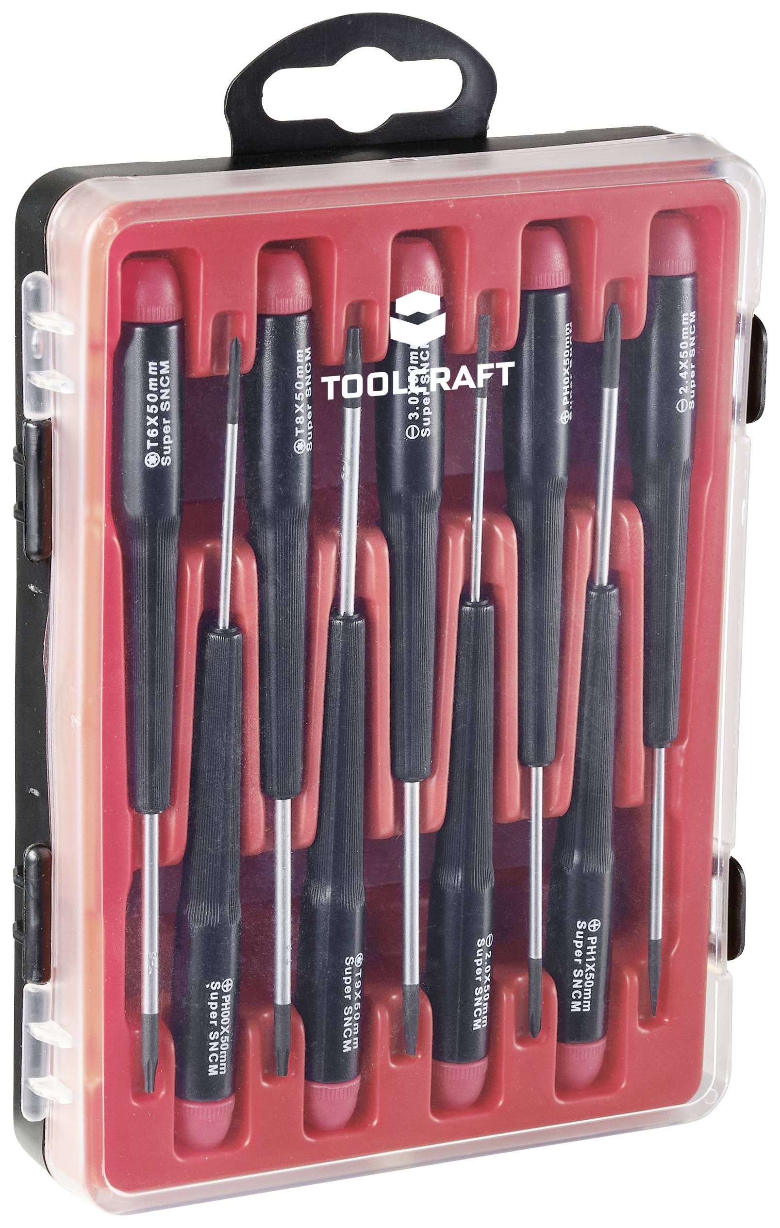 En uppsättning av tio svarta precisionsskruvmejslar i en genomskinlig plastlåda med röd insats, från TOOLCRAFT.