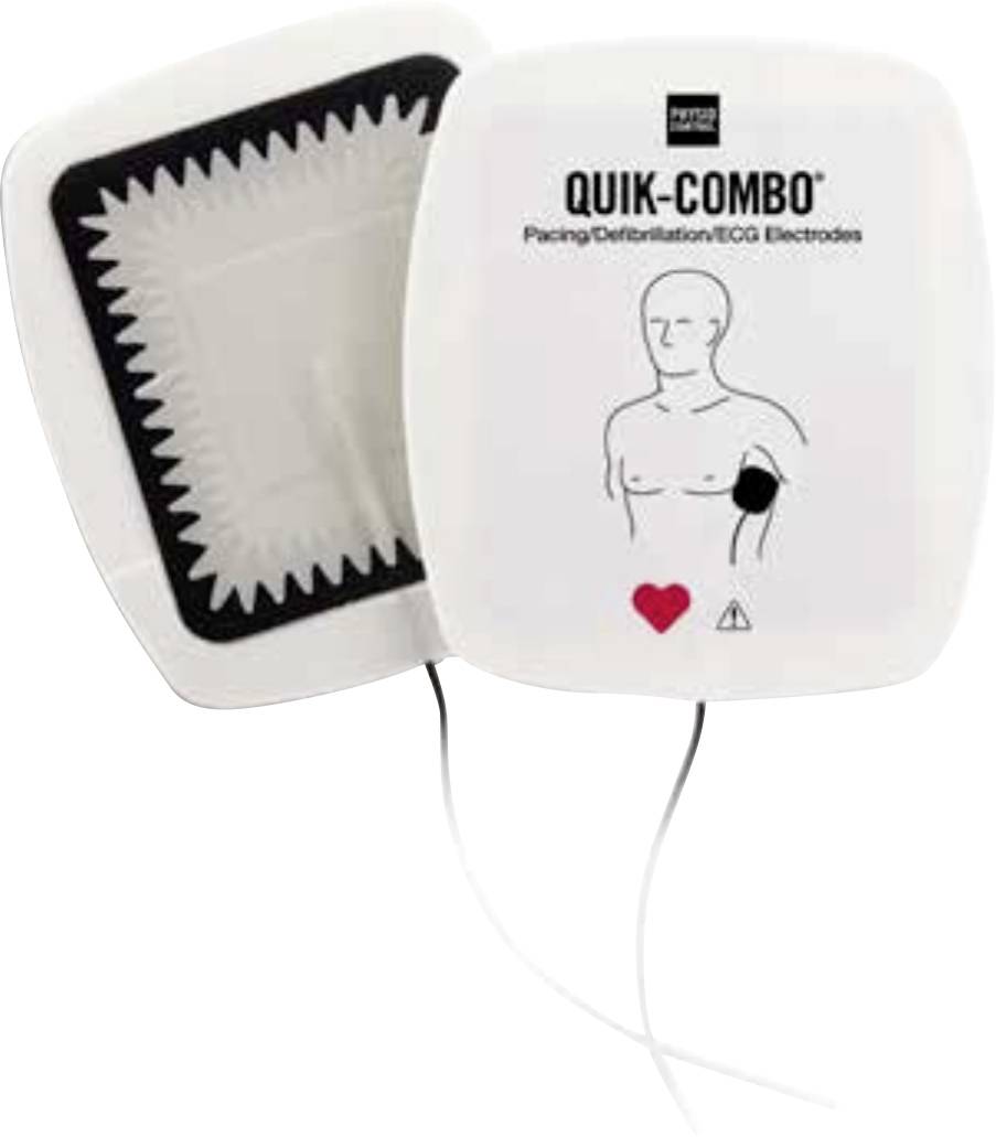 Defibrillationselektrod med en skiss som visar var elektroderna ska placeras på kroppen.