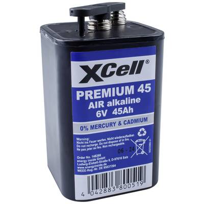 'XCell PREMIUM 45 AIR alkalisk 6V 45Ah' Batteri med blå etikett, innehåller varningsanvisningar, streckkod och tillverkarinformation.