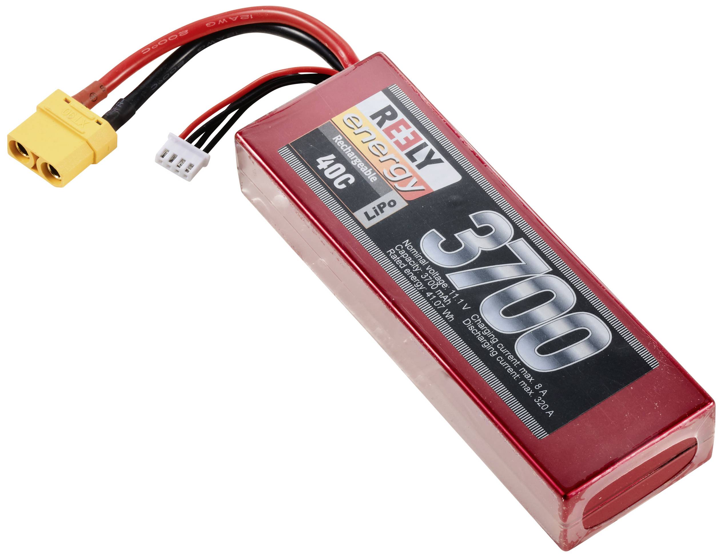 En röd LiPo-batteri med påskriften '3700 mAh' och '40C' från Reely, med gul och vit anslutningskontakt.